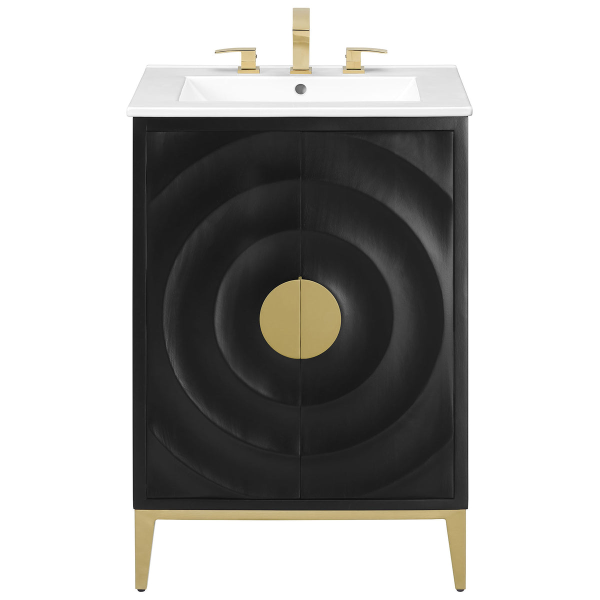 Statement vanity with bold concentric doors, crisp white basin, and gleaming brass-tone hardware || EEI-7159-WHI-BLK || front_studio