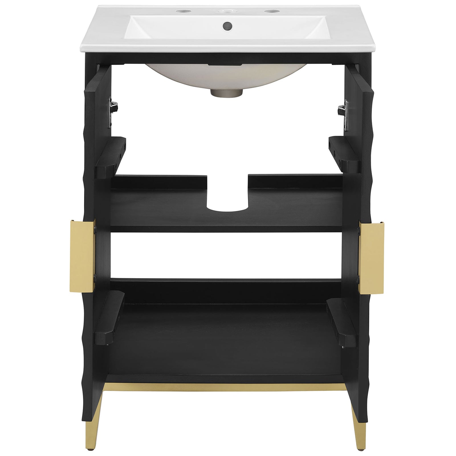Sink basin underside and U-shaped plumbing cut-out on the shelf provide straightforward access || EEI-7159-WHI-BLK || front_open_studio