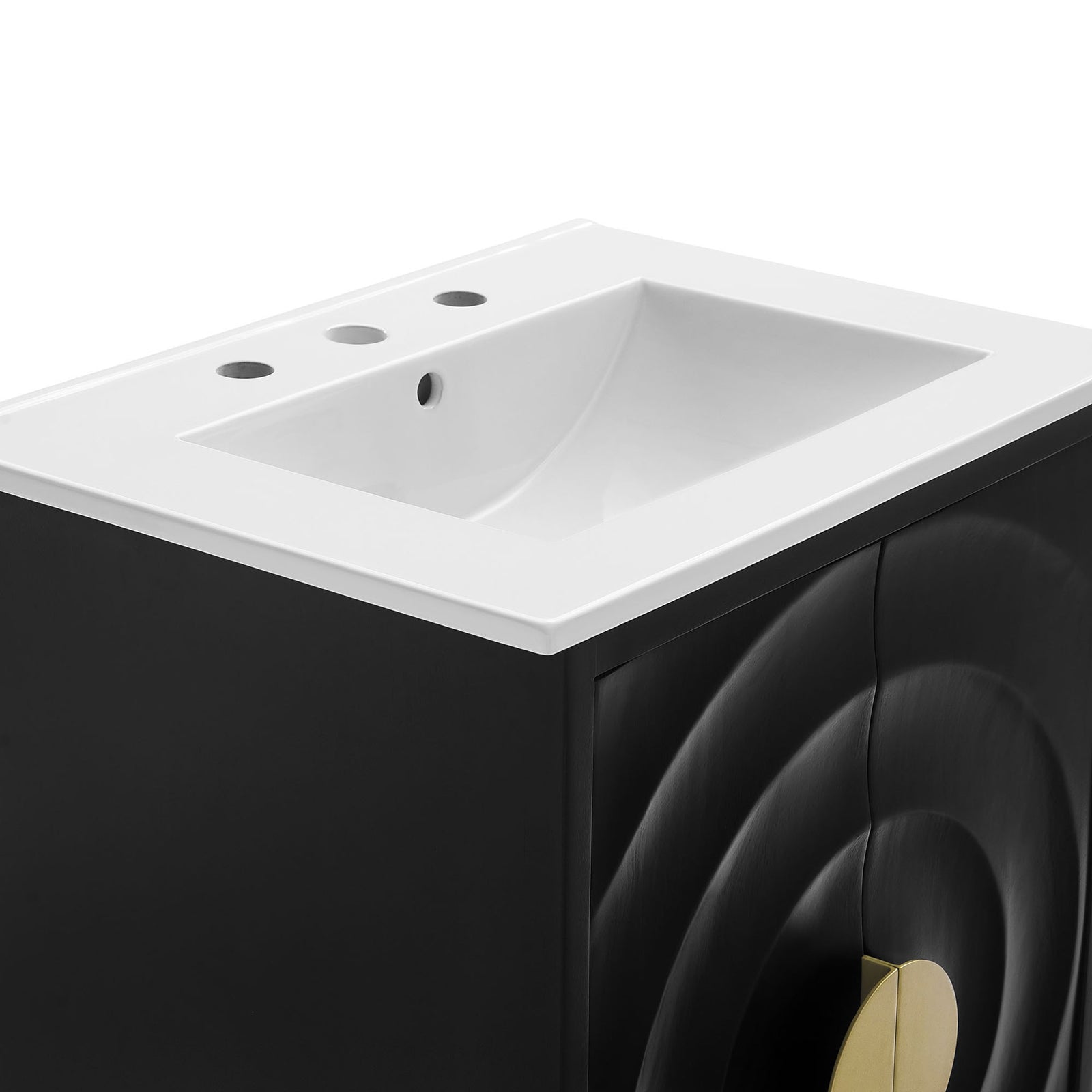 Glossy ceramic sink with subtle overhang and triple faucet holes || EEI-7159-WHI-BLK || detail_studio