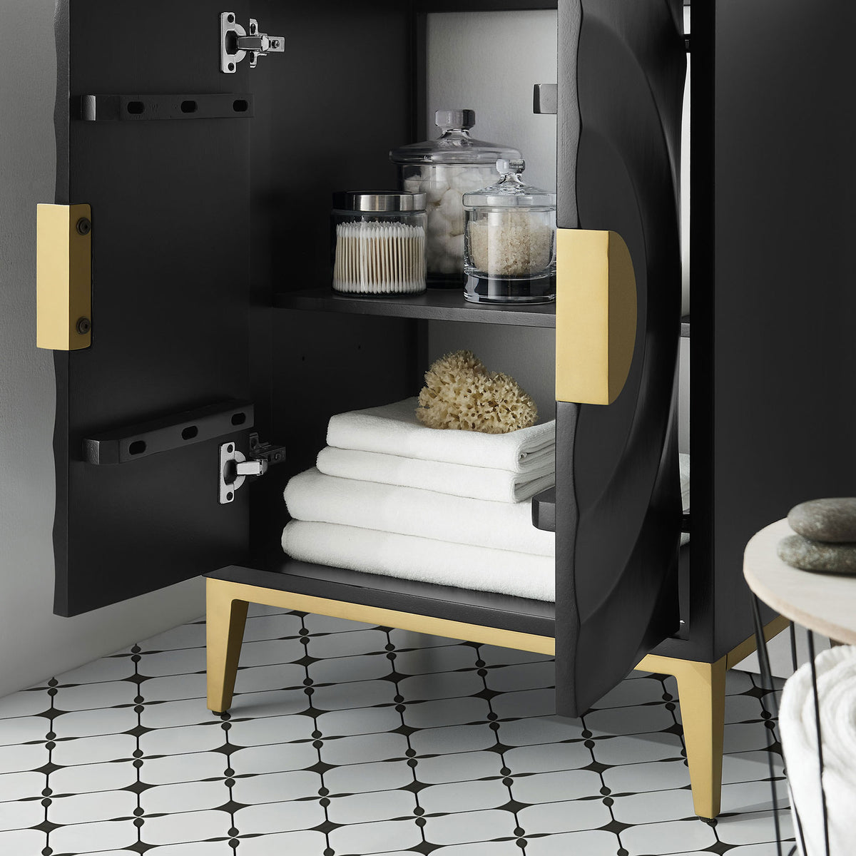 Open cabinet keeps towels and bath essentials neatly organized on the adjustable shelf || EEI-7159-WHI-BLK || storage_open_room