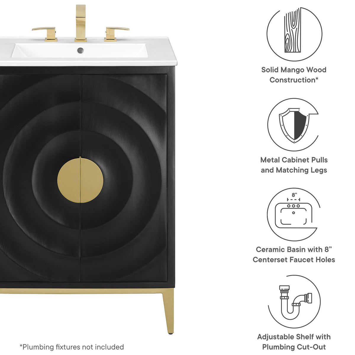 Feature highlights: solid wood build, brass-tone accents, ceramic basin, and a plumbing cut-out || EEI-7159-WHI-BLK || callout_studio