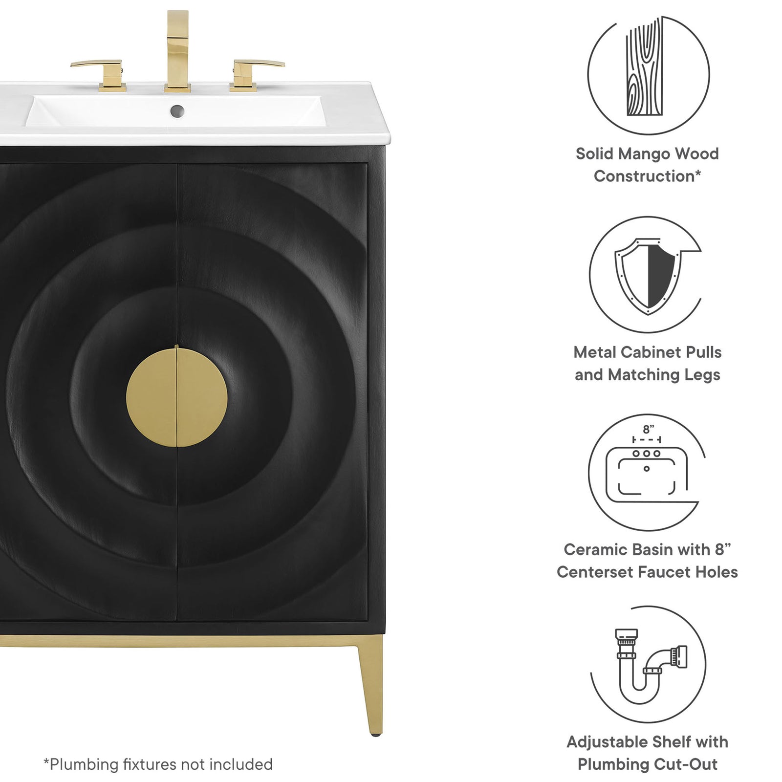 Feature highlights: solid wood build, brass-tone accents, ceramic basin, and a plumbing cut-out || EEI-7159-WHI-BLK || callout_studio