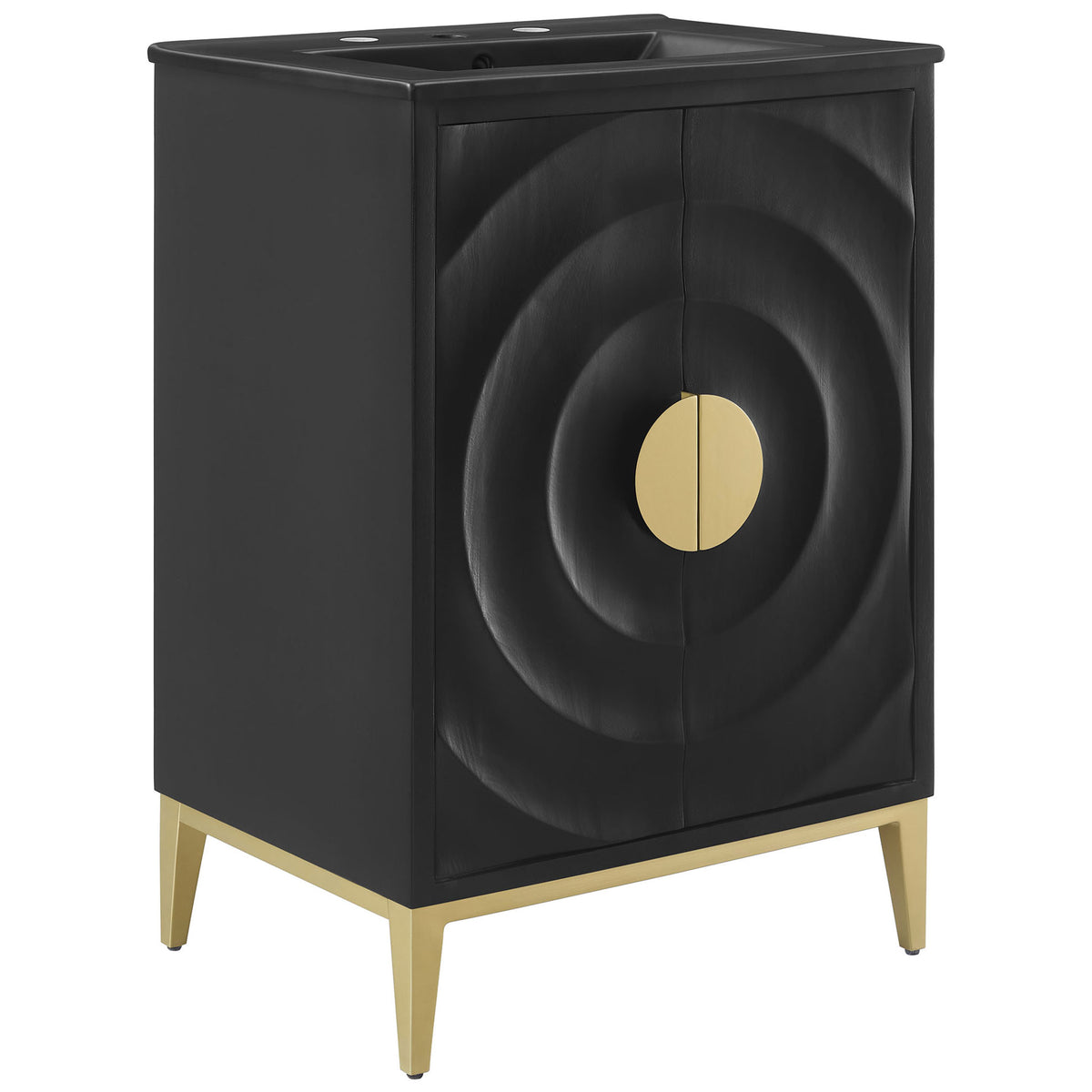 Striking 24-inch vanity with concentric doors, brass-tone pull, and tapered metal legs in matte black. || EEI-7160-BLK-BLK || front_angle_studio