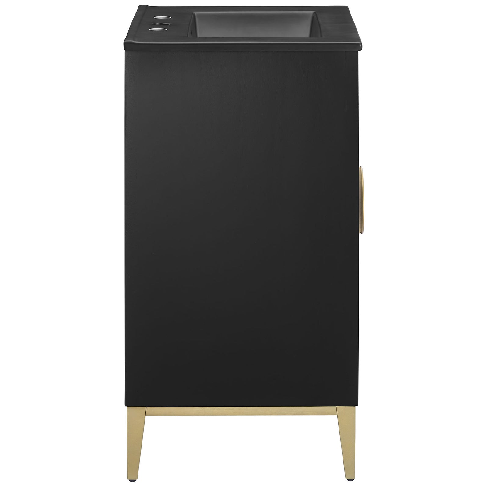 Slim profile showcases the sleek black cabinet, integrated basin, and gold-finished legs for a refined look. || EEI-7160-BLK-BLK || side_studio