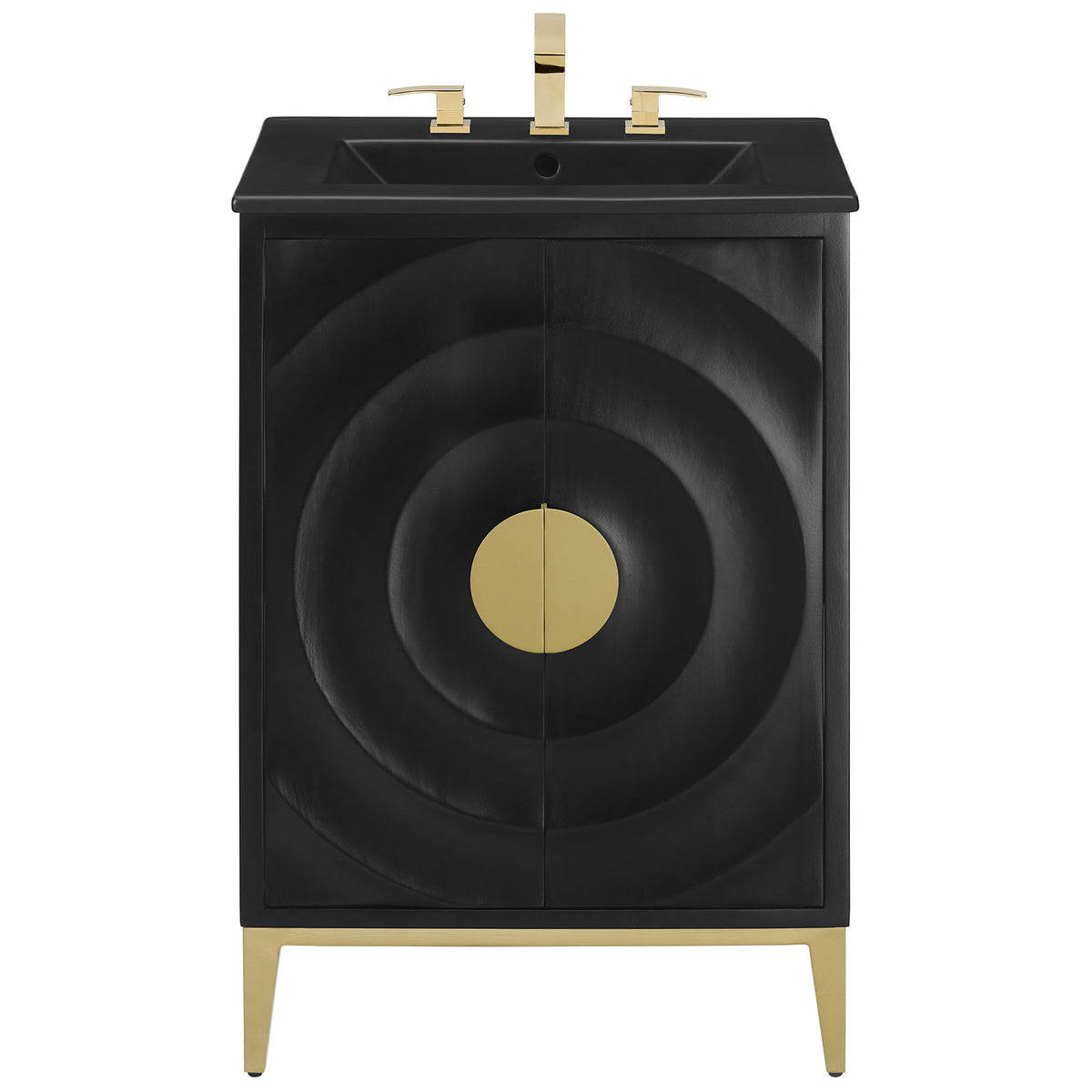 Textured concentric door fronts center on a brass-tone pull with matching tapered metal legs. || EEI-7160-BLK-BLK || front_studio