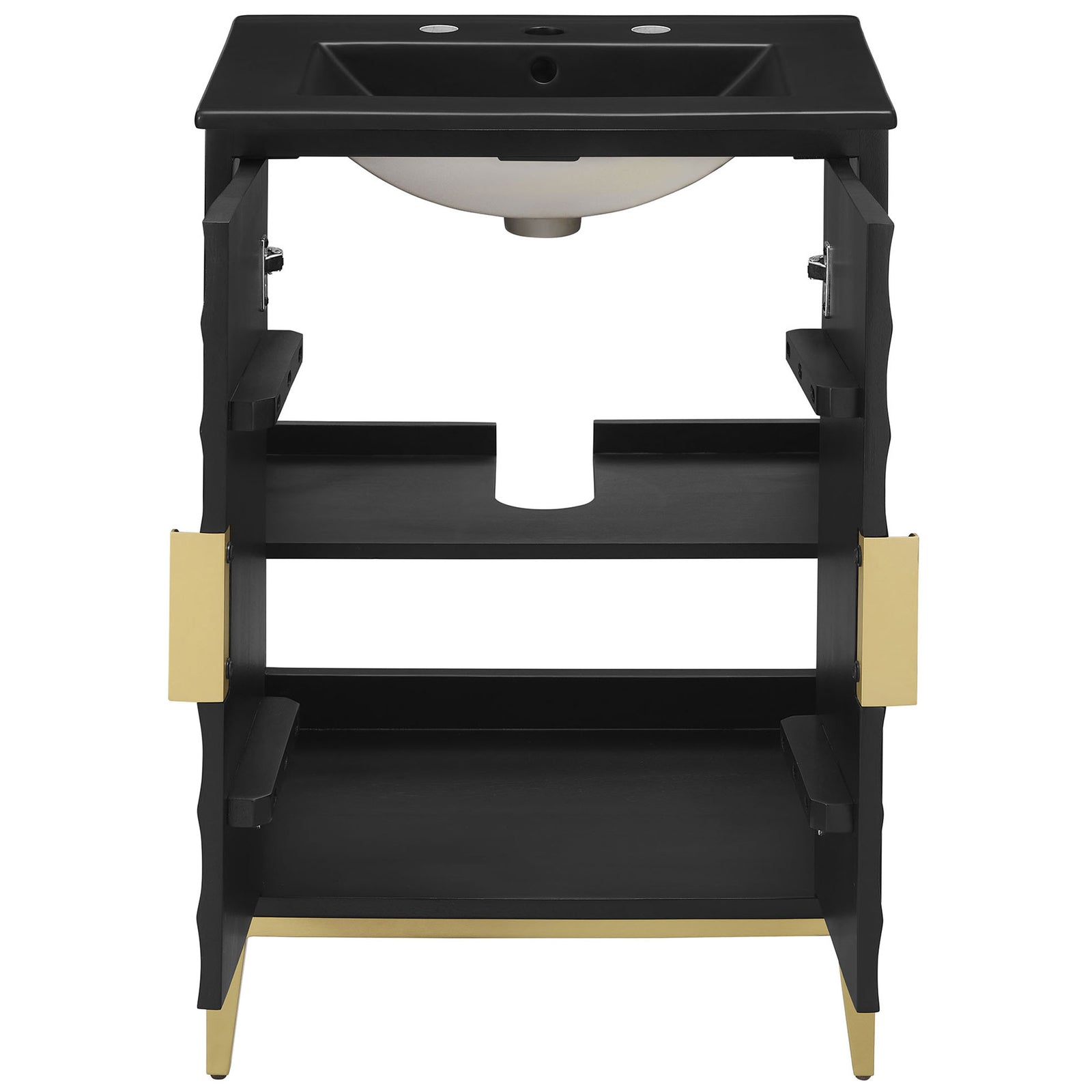 Solid wood frame with reinforced shelves and a convenient plumbing cut-out for easy installation. || EEI-7160-BLK-BLK || front_open_studio