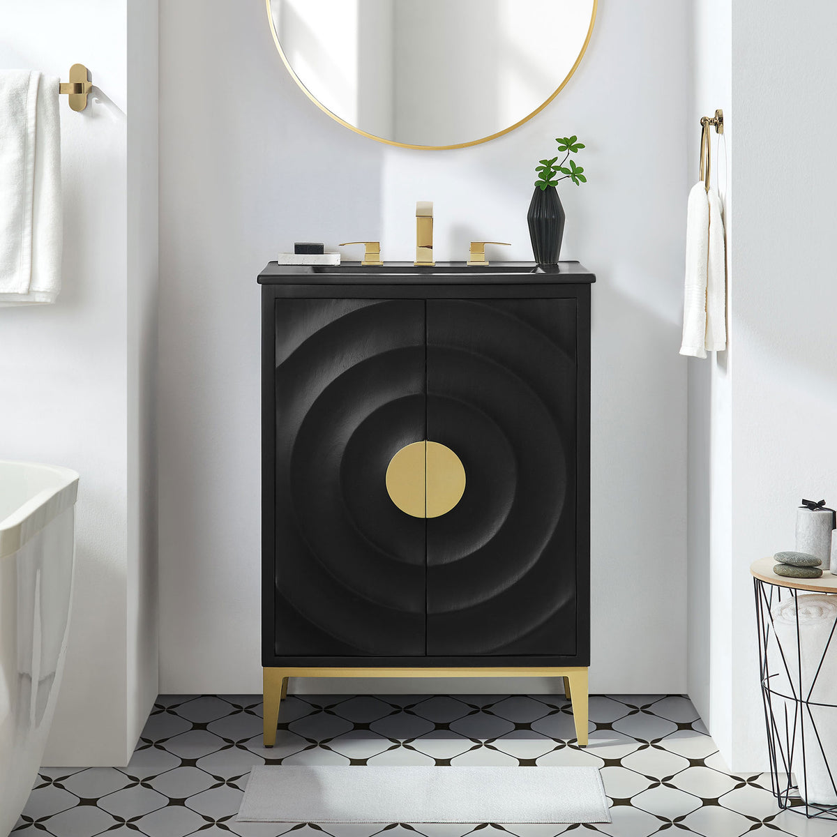 Bold black wood and sculpted doors with warm brass-tone accents create a luxe focal point. || EEI-7160-BLK-BLK || front_room
