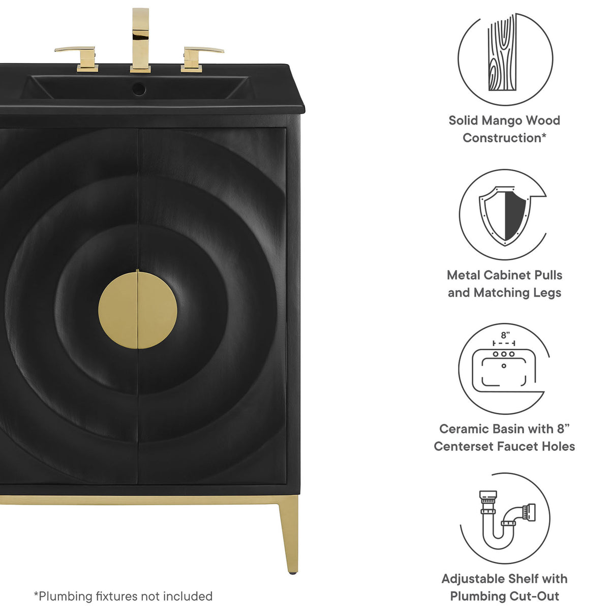 Key features include solid wood construction, ceramic basin, brass-tone hardware, and adjustable shelf. || EEI-7160-BLK-BLK || callout_studio