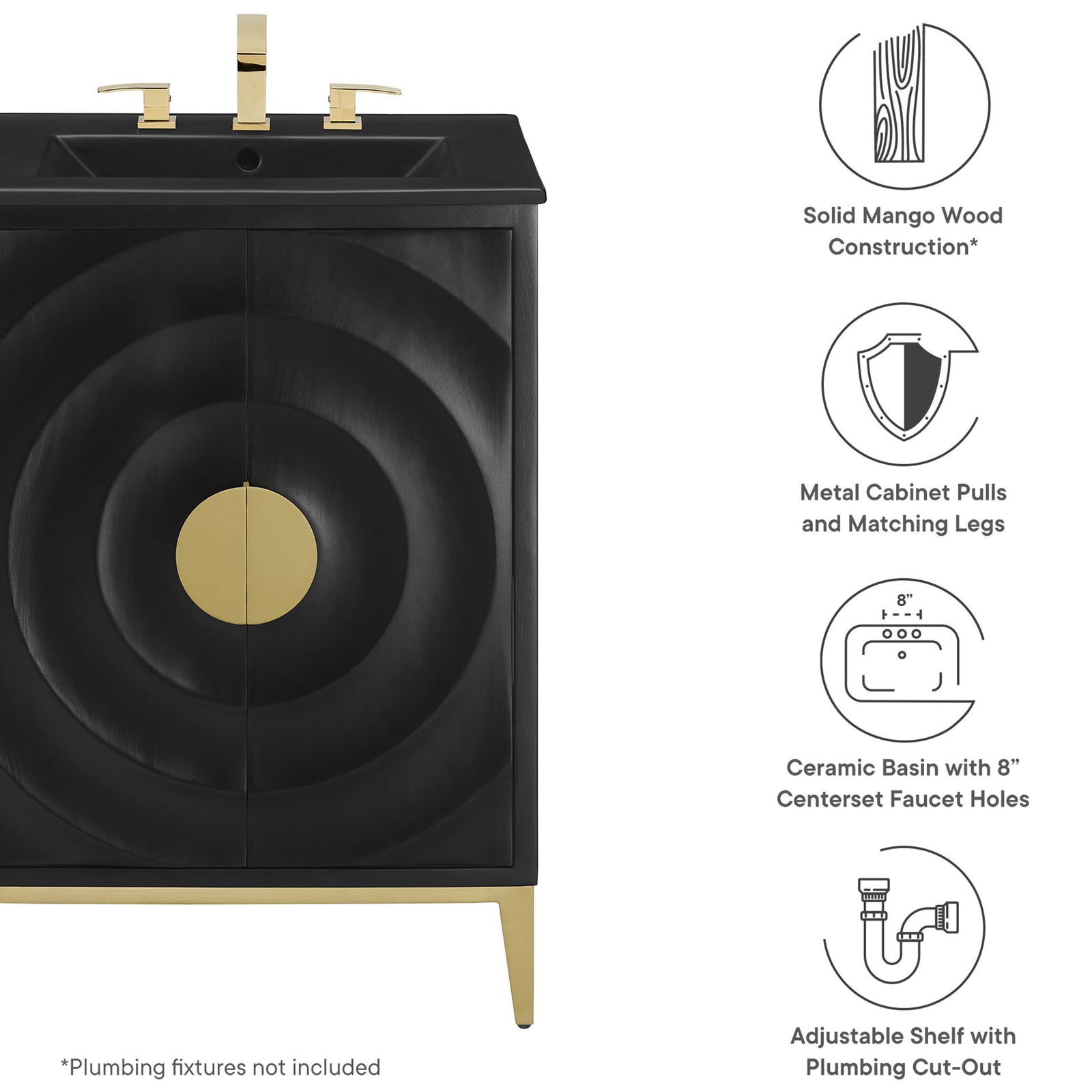 Key features include solid wood construction, ceramic basin, brass-tone hardware, and adjustable shelf. || EEI-7160-BLK-BLK || callout_studio