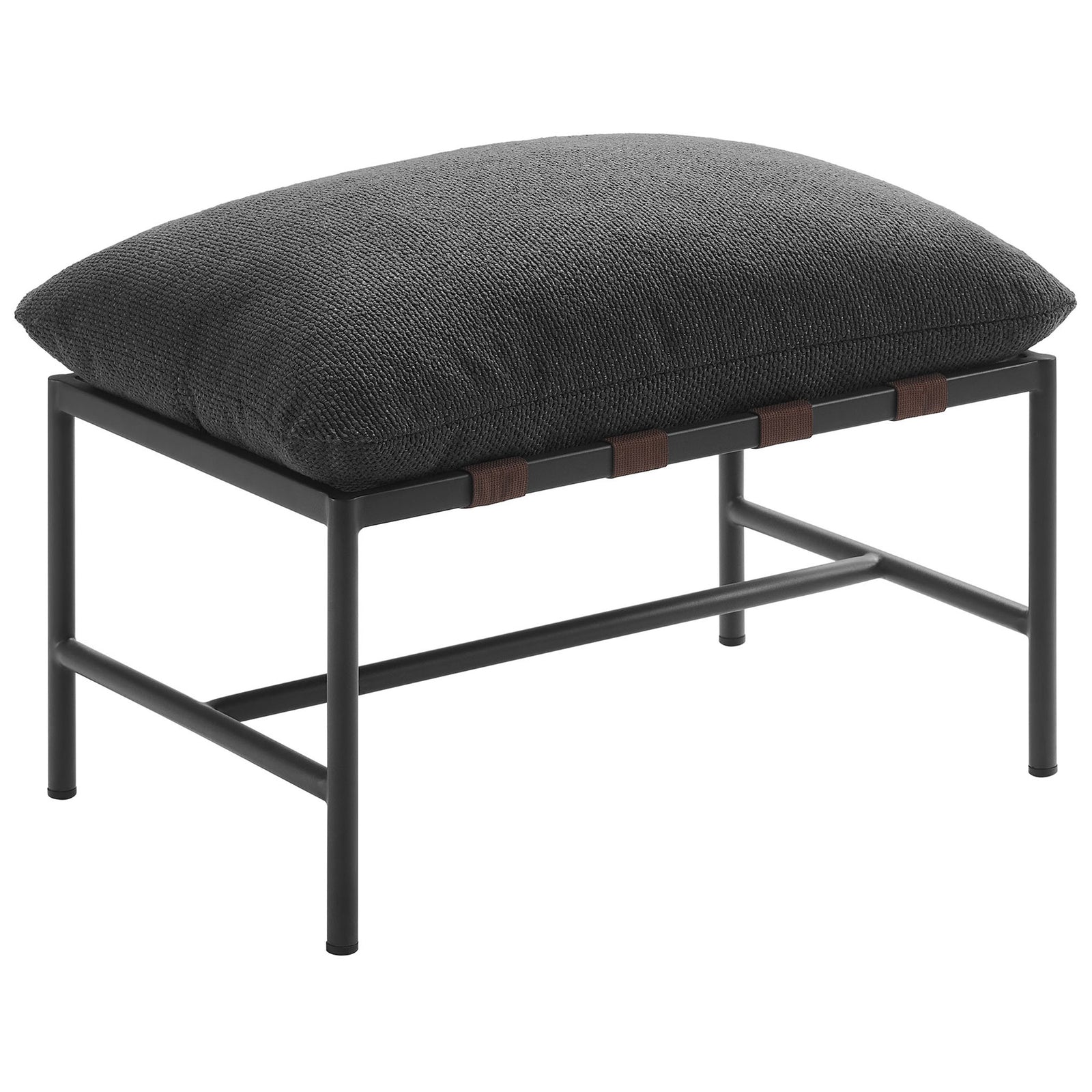 Charcoal outdoor ottoman with textured boucle cushion and modern powder-coated aluminum frame || EEI-7161-CHA || front_angle_studio