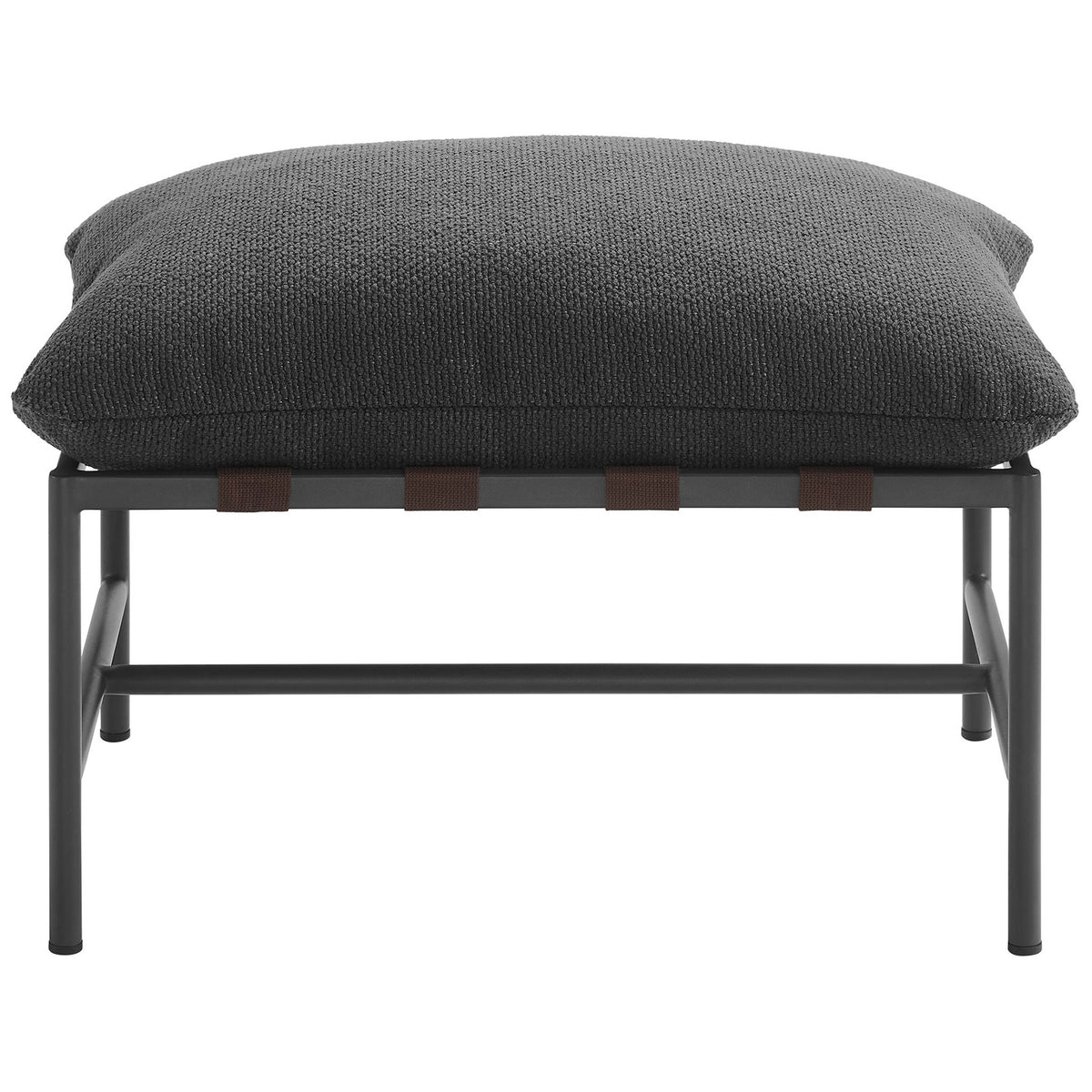 Charcoal boucle outdoor ottoman with plush cushion and sleek powder-coated aluminum base || EEI-7161-CHA || front_studio