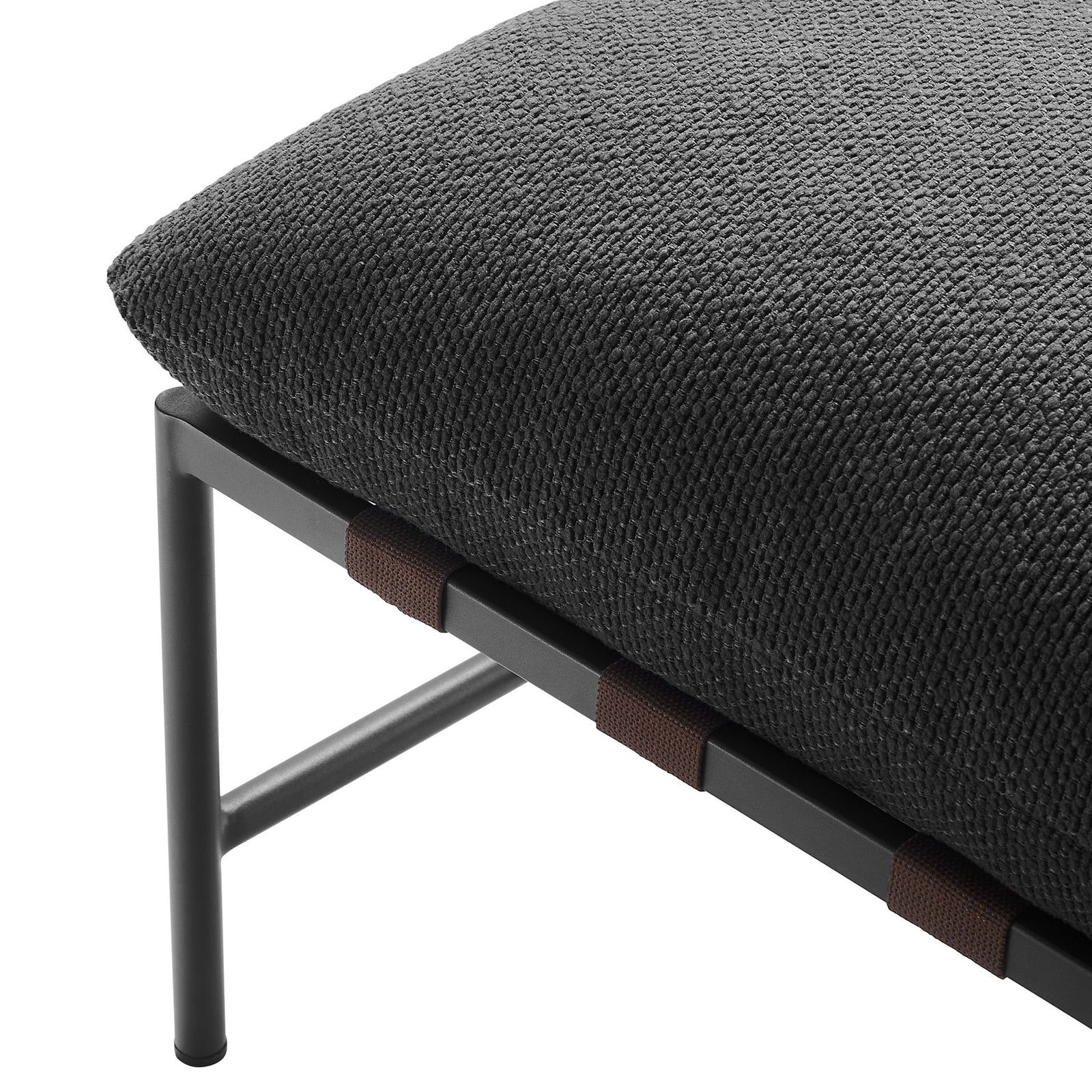 Textured charcoal boucle upholstery and contrast straps adding tailored detail to this outdoor ottoman || EEI-7161-CHA || detail_studio