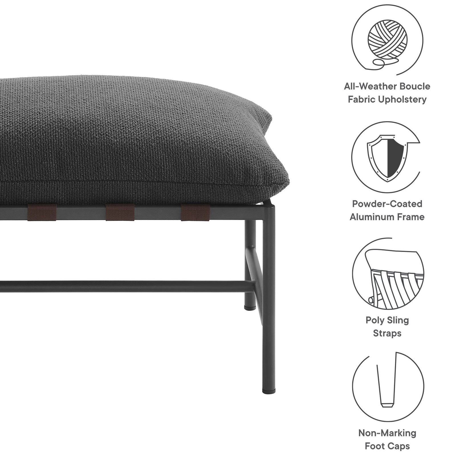 Key features of the charcoal outdoor boucle ottoman including all-weather fabric, sturdy frame, and foot caps || EEI-7161-CHA || callout_studio