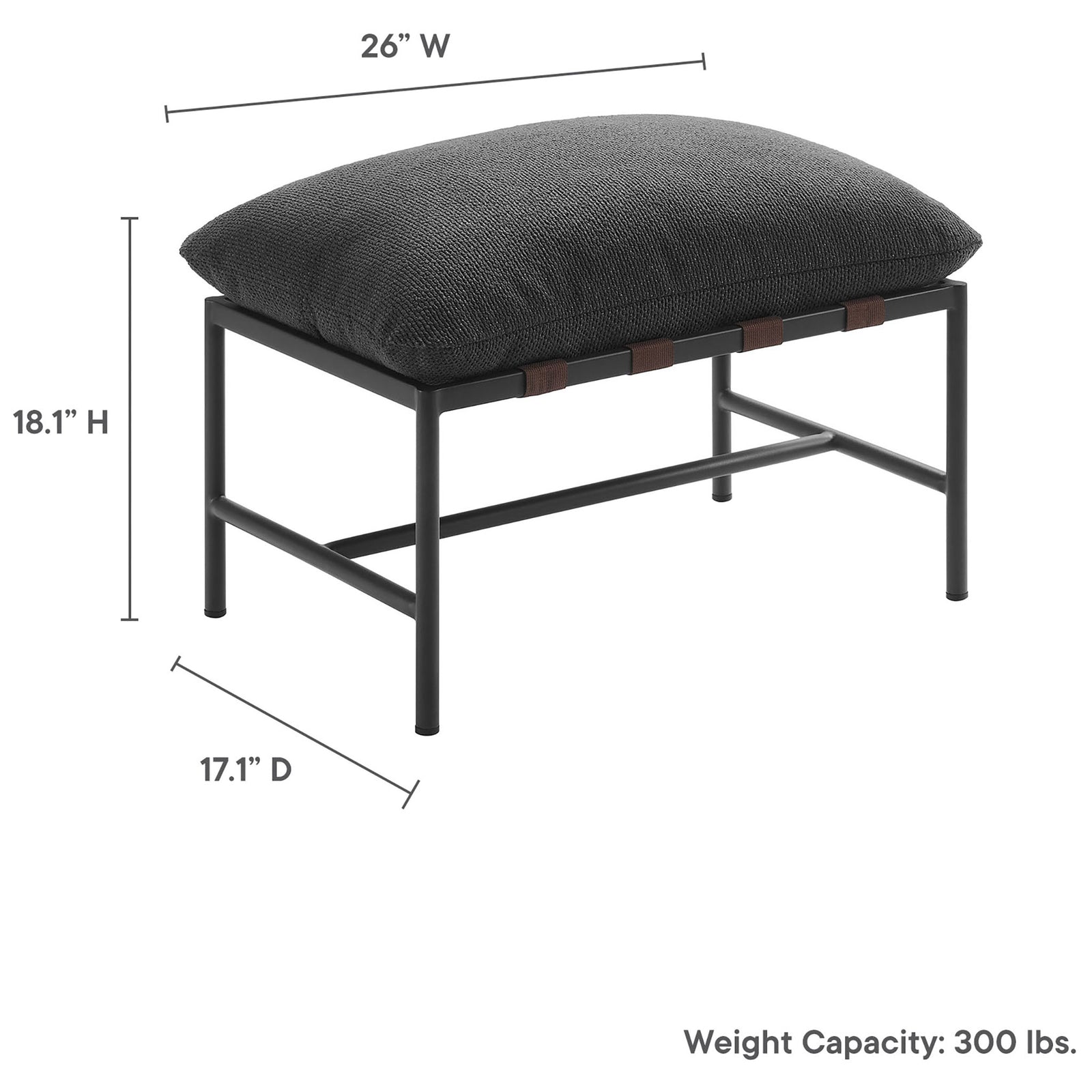 Dimensions and 300 lb weight capacity of the charcoal outdoor boucle ottoman for easy patio planning || EEI-7161-CHA || dimension_studio