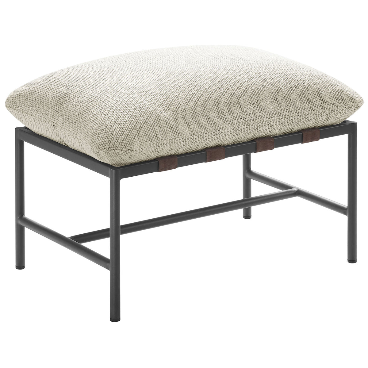 Ivory outdoor ottoman with textured boucle cushion and modern powder-coated aluminum frame || EEI-7161-IVO || front_angle_studio