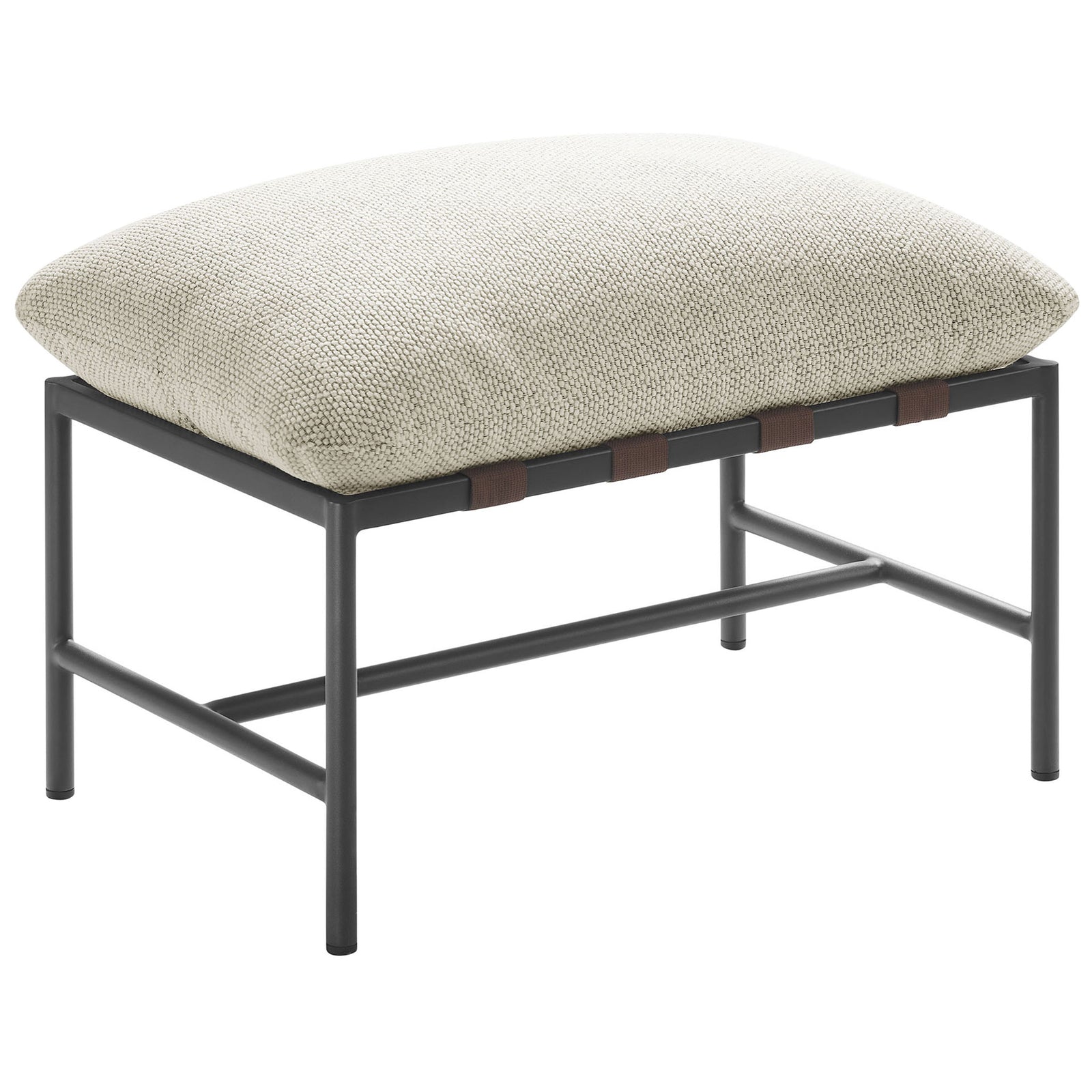 Ivory outdoor ottoman with textured boucle cushion and modern powder-coated aluminum frame || EEI-7161-IVO || front_angle_studio