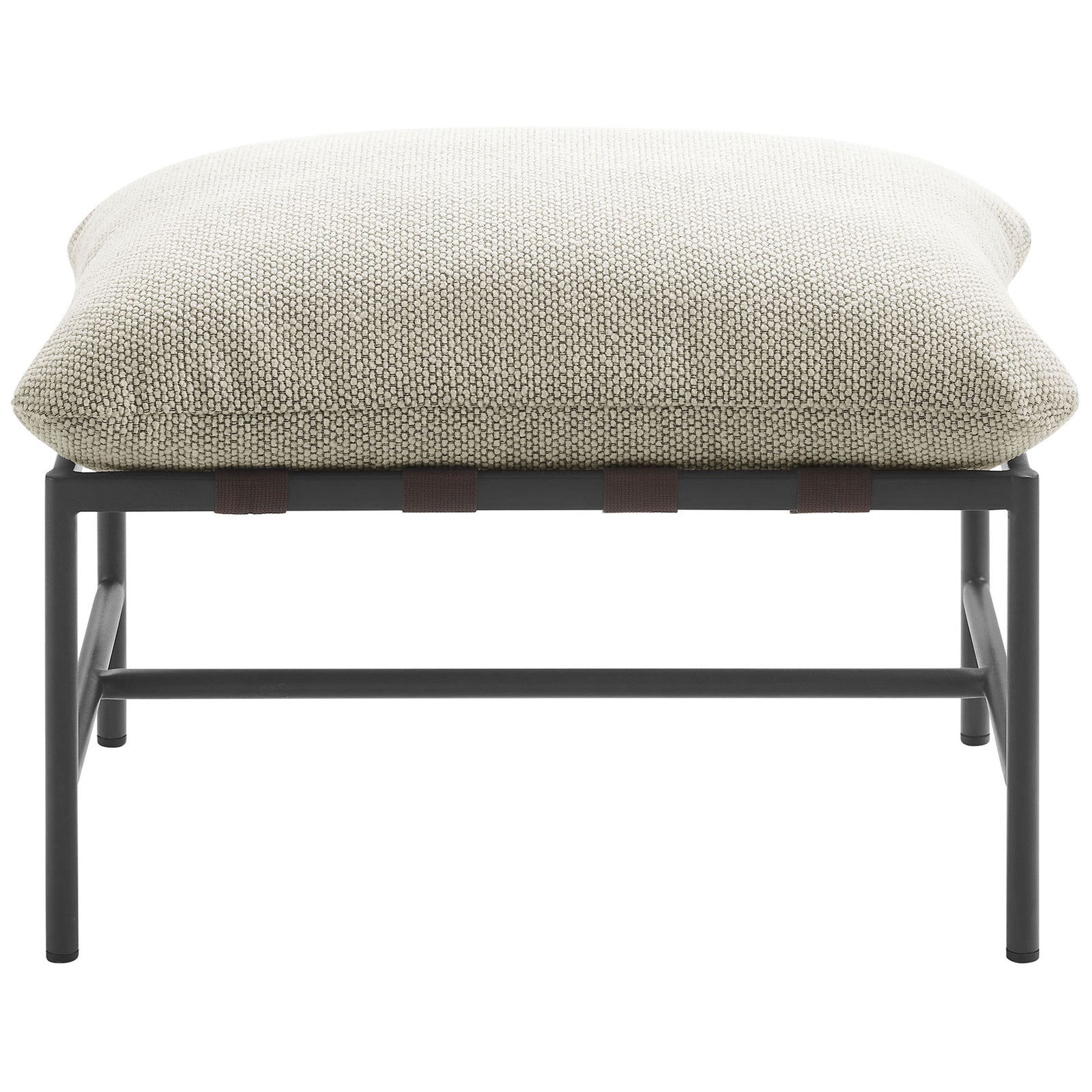 Ivory boucle outdoor ottoman with plush cushion and sleek powder-coated aluminum base || EEI-7161-IVO || front_studio