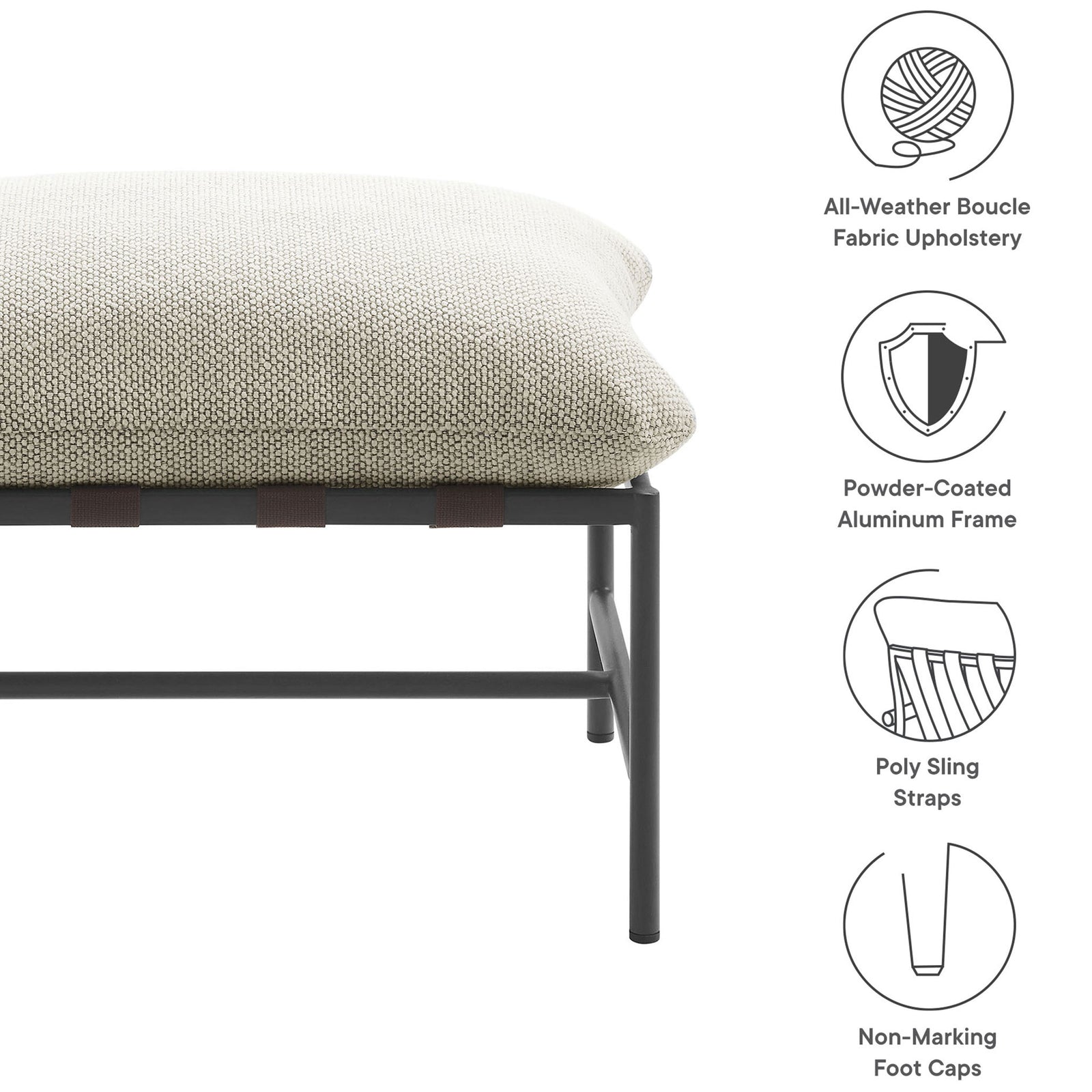 Key features of the ivory outdoor boucle ottoman including all-weather fabric, durable frame, and foot caps || EEI-7161-IVO || callout_studio