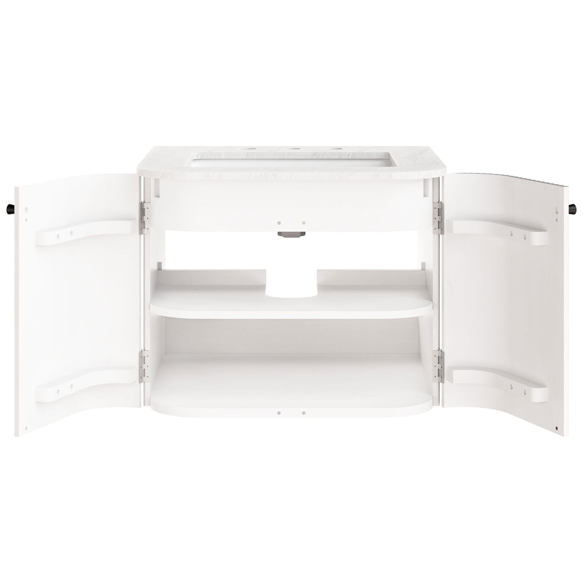 Spacious interior with adjustable shelf and plumbing cutouts behind soft-close doors || EEI-7162-IVO || front_open_studio