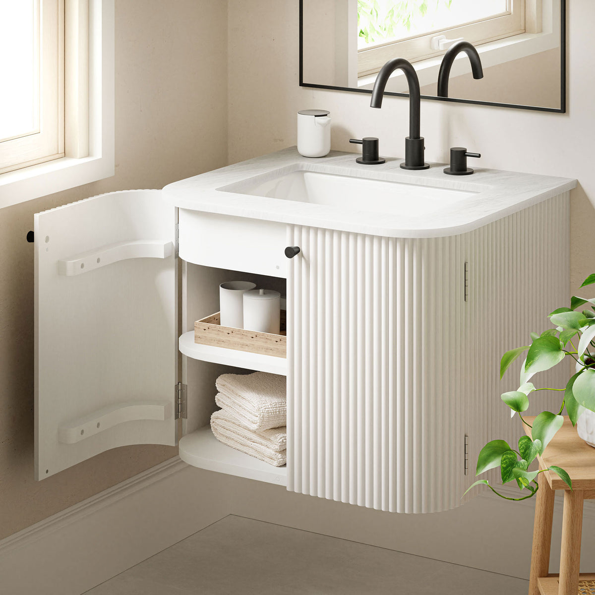 Door storage keeps towels and essentials organized within easy reach || EEI-7162-IVO || front_angle_open_room