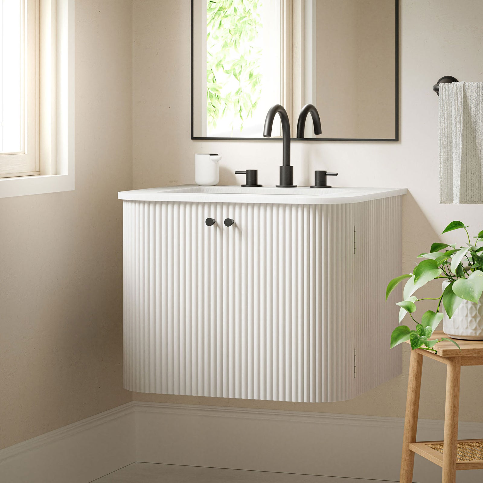 Floating design frees up floor space for a clean, airy bath || EEI-7162-IVO || front_angle_room