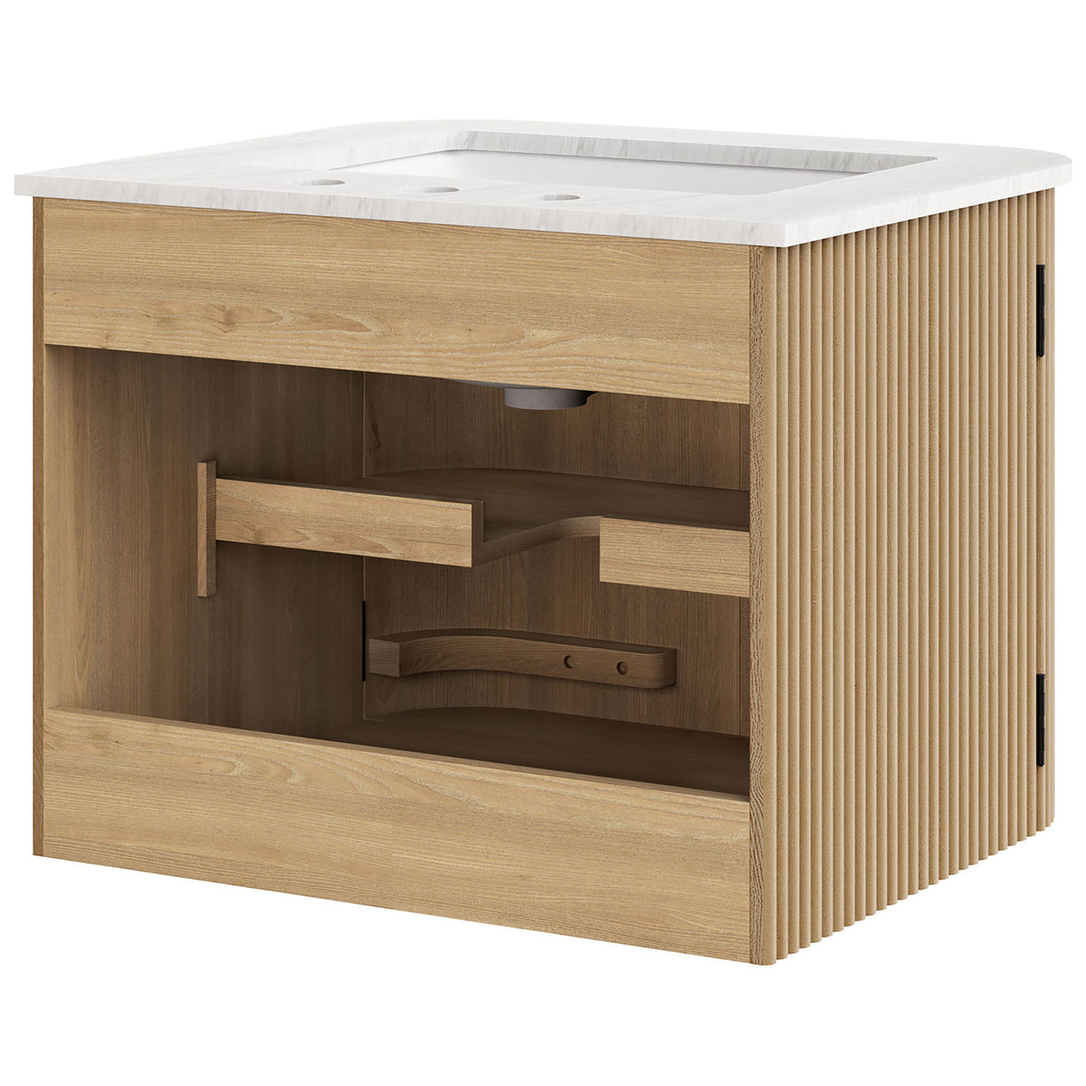 Back side with plumbing cutouts and adjustable interior shelving || EEI-7162-NAT || back_studio