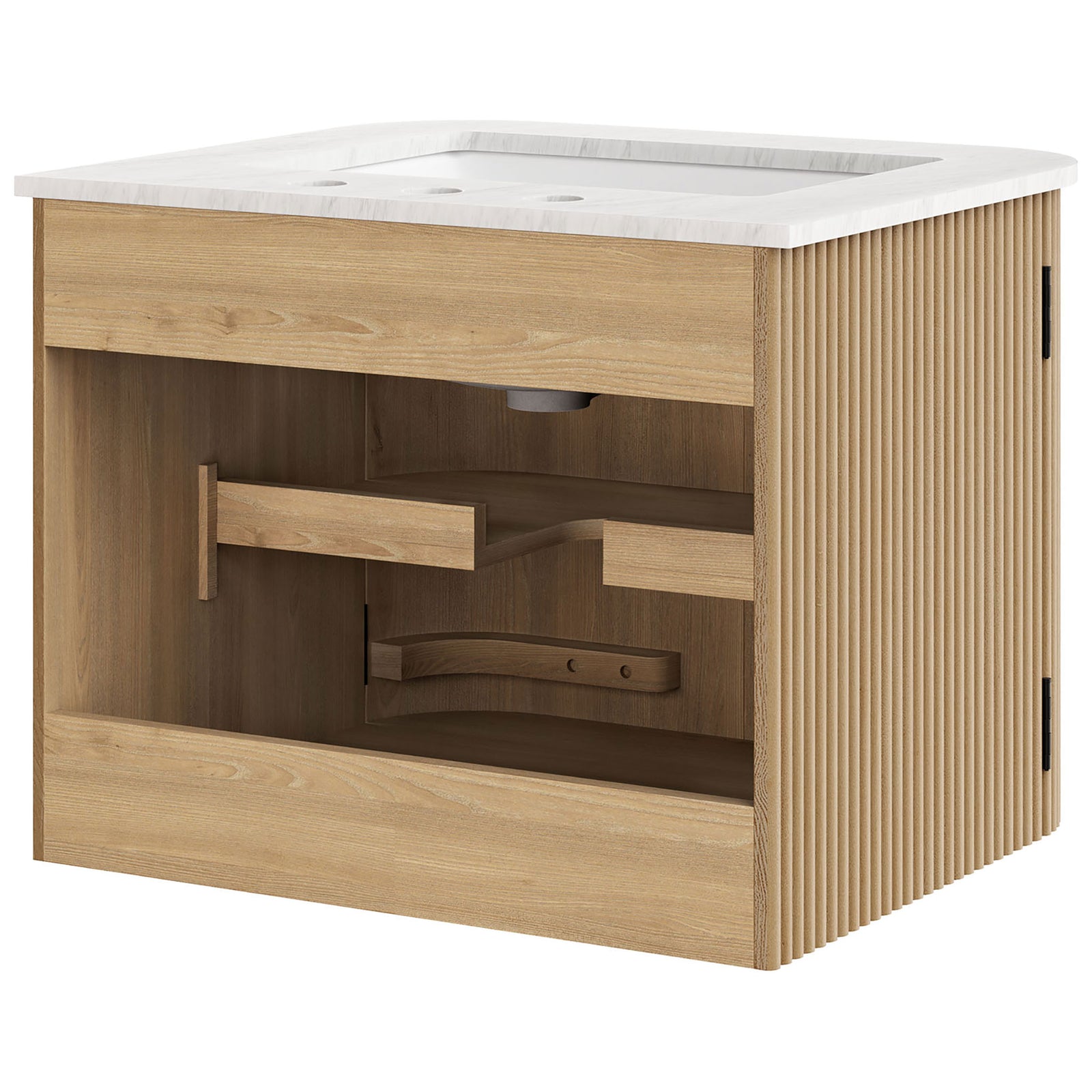 Back side with plumbing cutouts and adjustable interior shelving || EEI-7162-NAT || back_studio