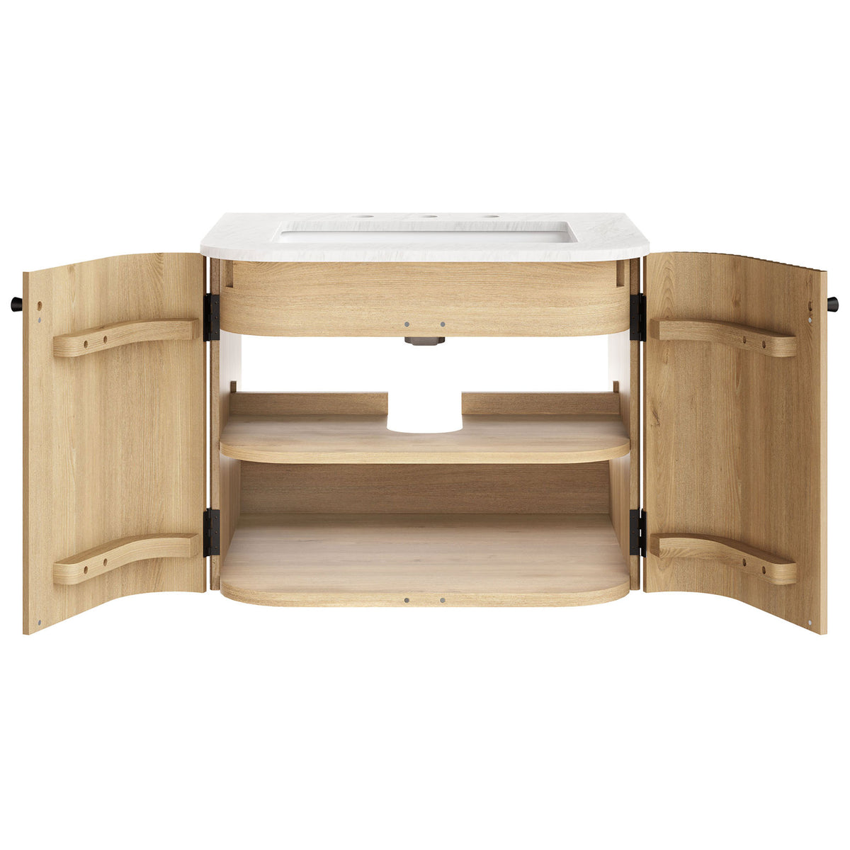 Dual doors open to tiered shelves for towels and bath essentials || EEI-7162-NAT || front_open_studio