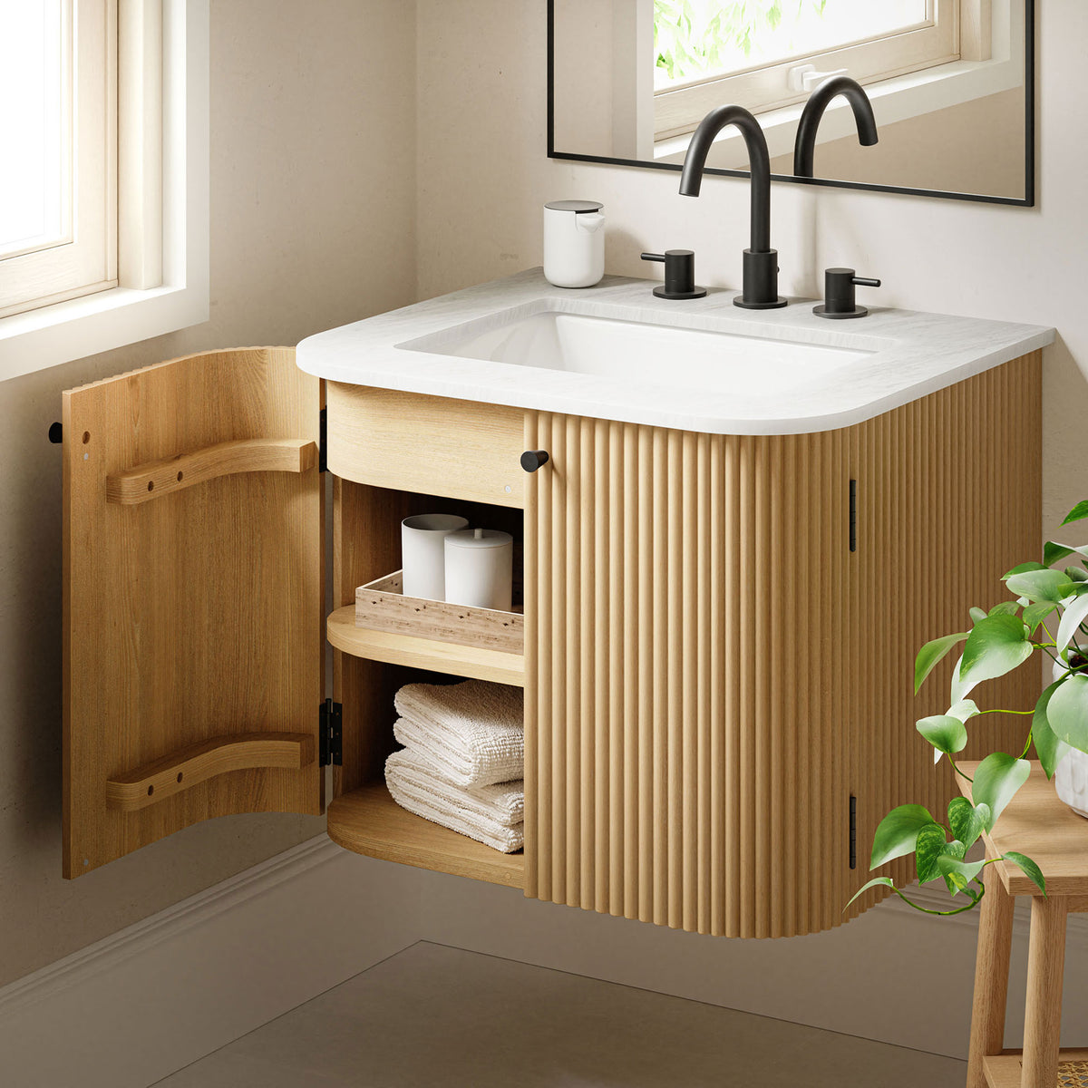 Wall-mounted vanity with door open to reveal organized storage || EEI-7162-NAT || front_angle_open_room
