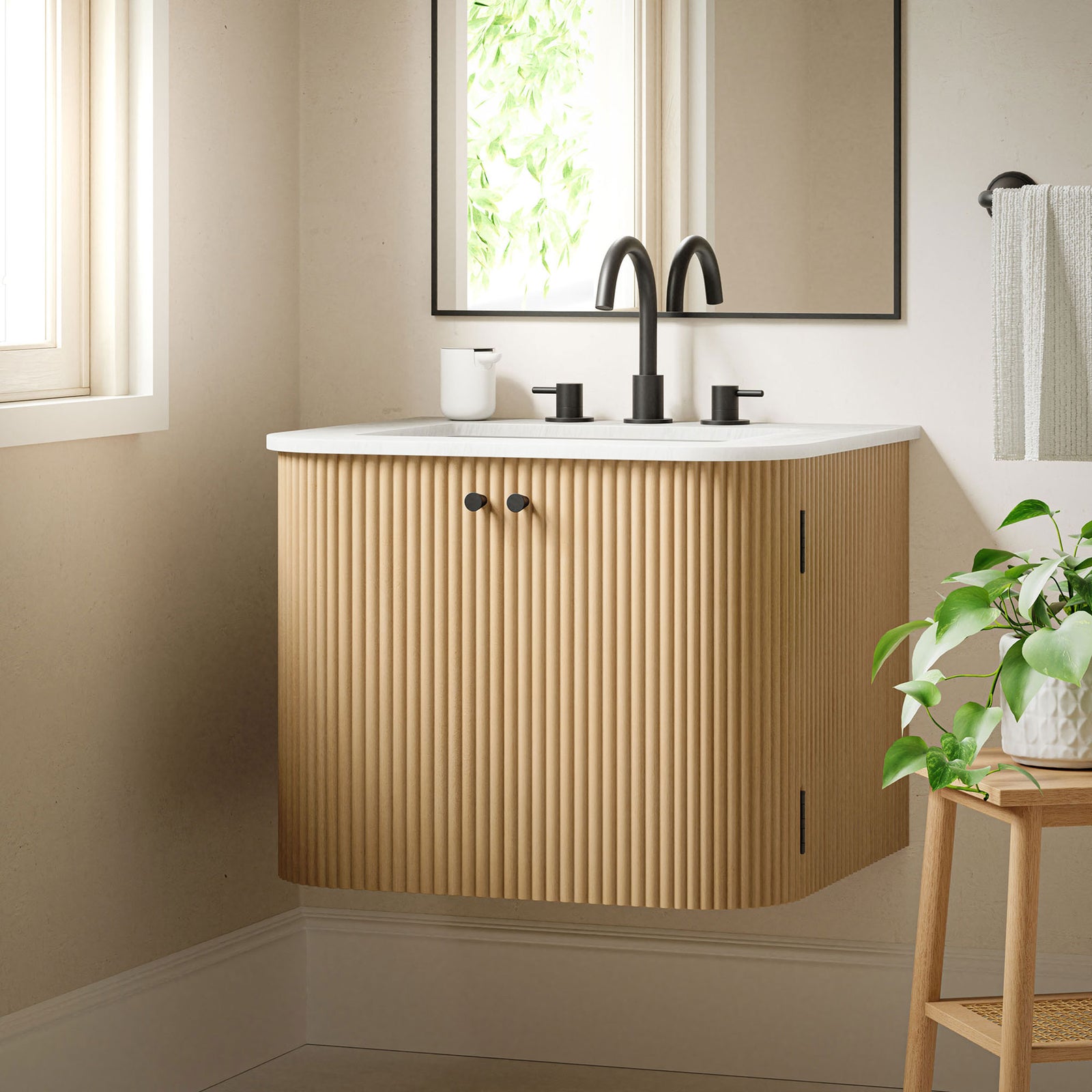 Sleek wall-hung vanity with fluted front and bright white marble sink || EEI-7162-NAT || front_angle_room