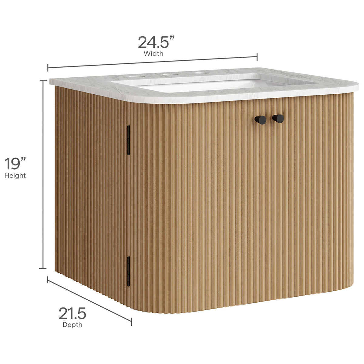 Overall dimensions labeled for width, depth, and height of the vanity || EEI-7162-NAT || dimension_studio