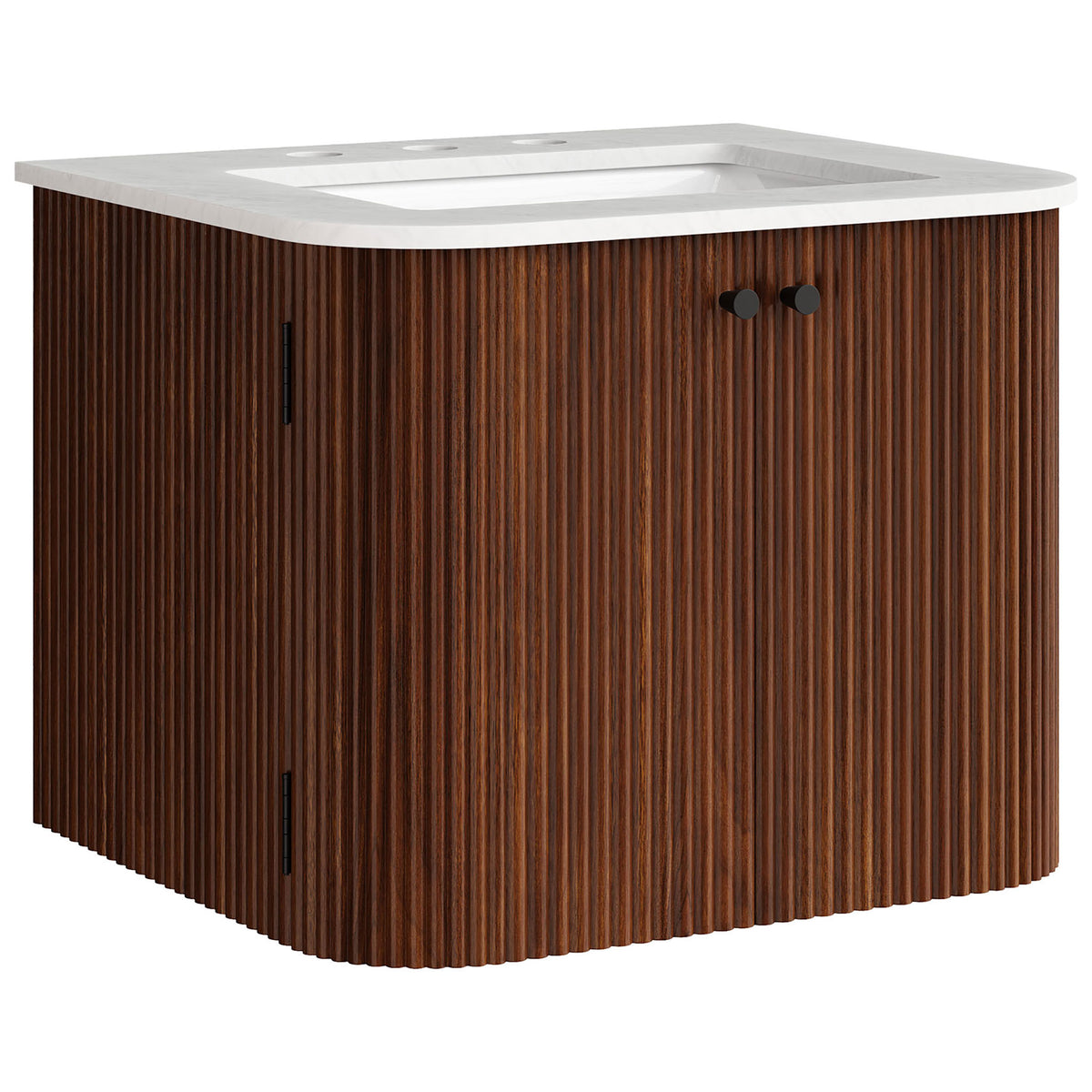 Sculpted corners and vertical fluting add warmth to this floating walnut vanity with marble sink. || EEI-7162-WAL || front_angle_studio