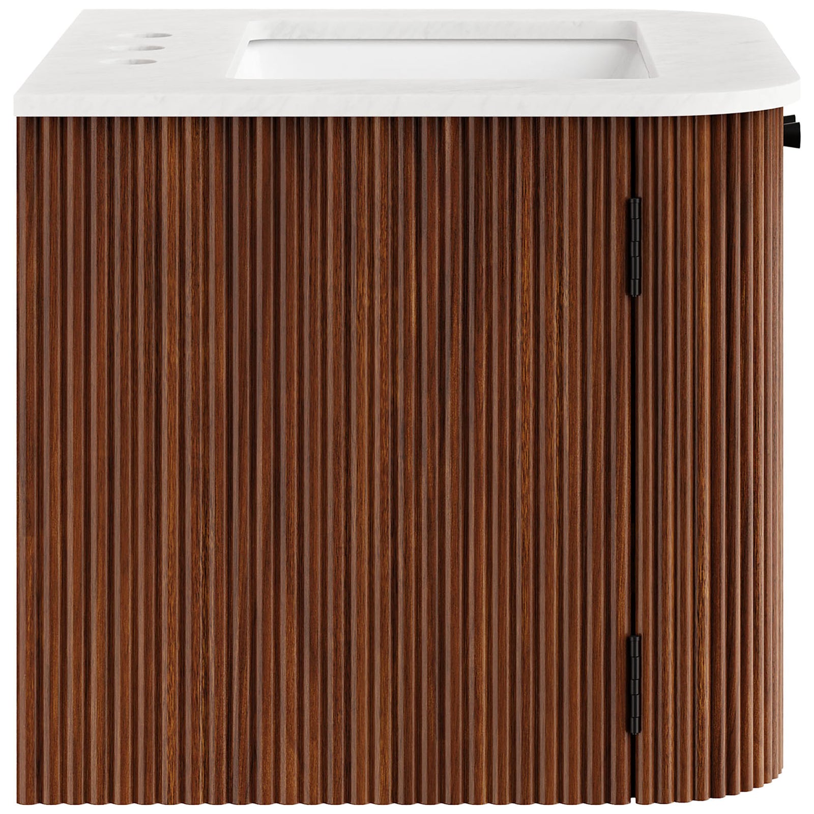 Curved side profile highlights the ribbed walnut texture and seamless wall-mount design. || EEI-7162-WAL || side_studio