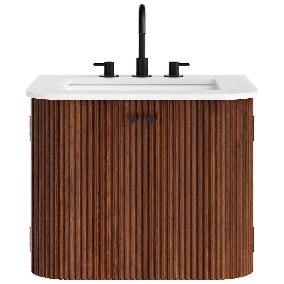 Modern walnut vanity with fluted doors and veined white marble sink top, finished with twin black knobs. || EEI-7162-WAL || front_studio