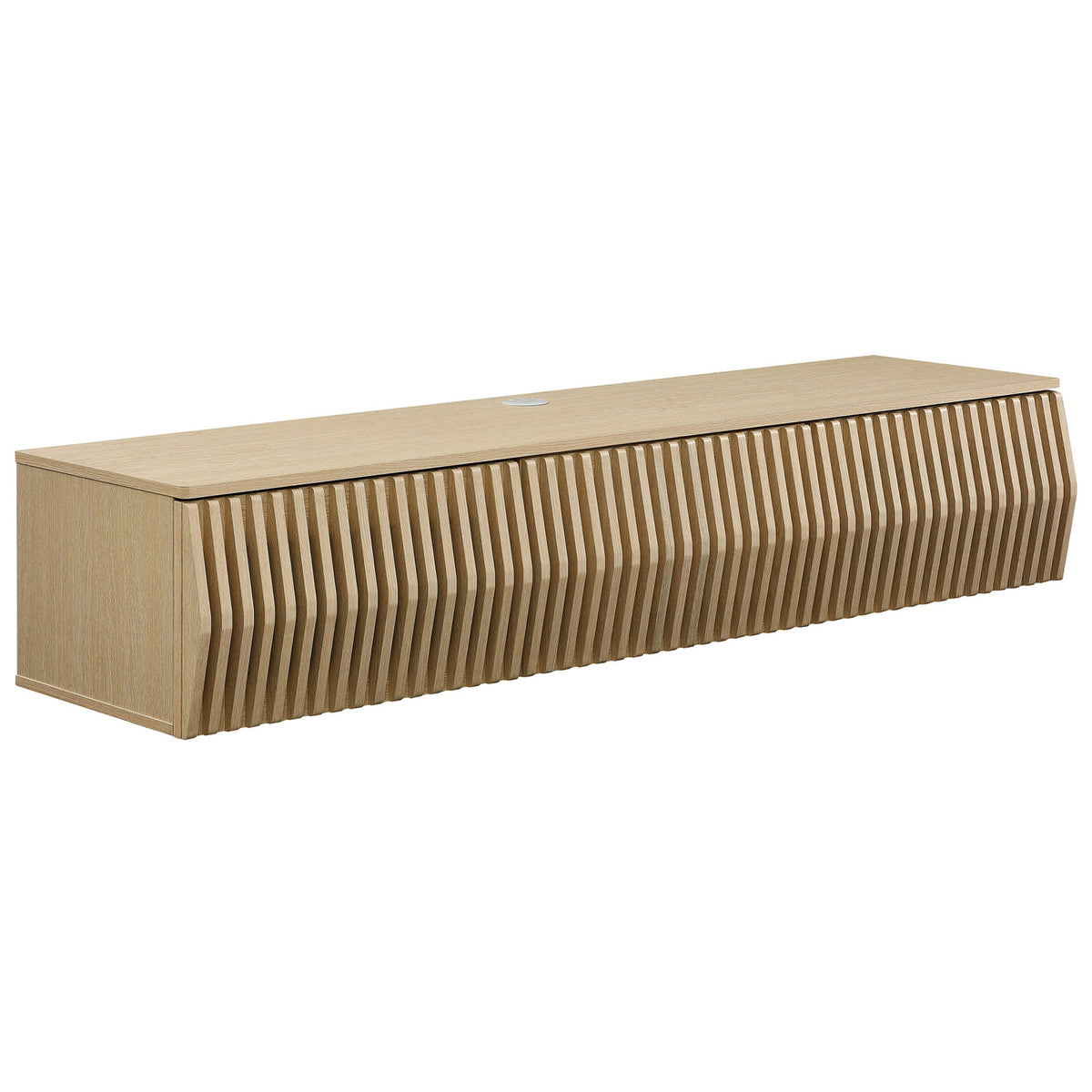 Ash wall mount TV stand showcasing grooved timber front and hidden media storage || EEI-7164-ASH || front_angle_studio