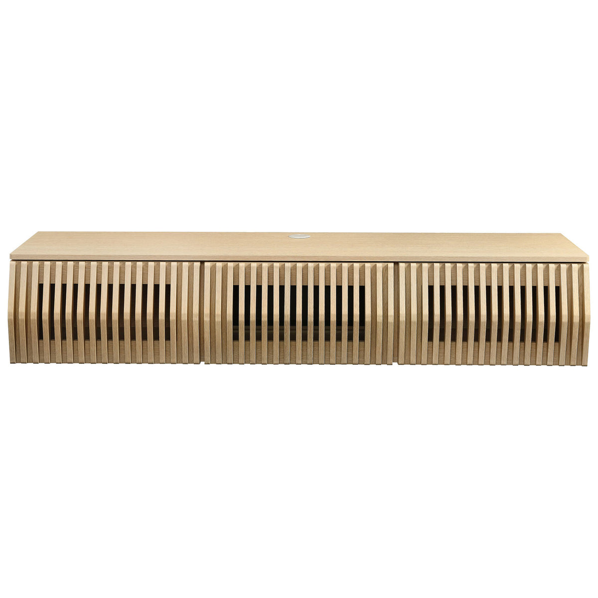 Ash wall mounted TV stand with vertical slatted doors and sleek floating profile || EEI-7164-ASH || front_studio