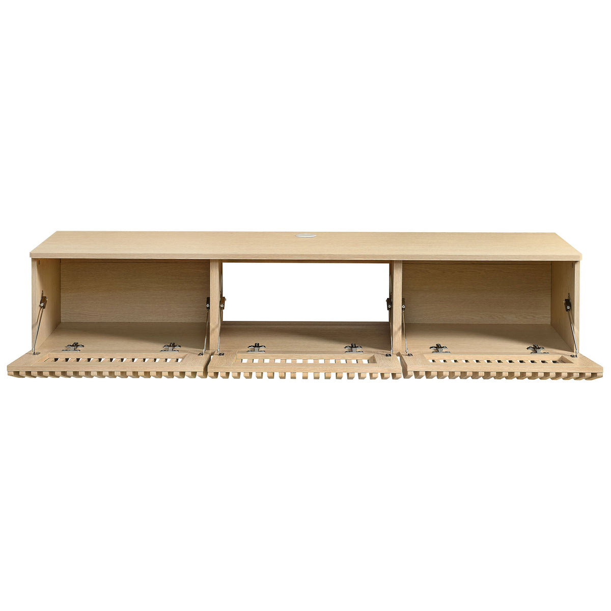 Ash floating TV console with three drop-down doors open to reveal spacious storage || EEI-7164-ASH || front_open_studio