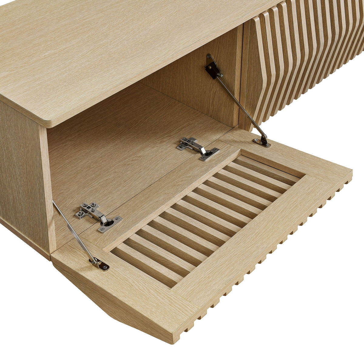 Ash TV stand compartment with drop-down door open and adjustable media storage space || EEI-7164-ASH || storage_open_studio
