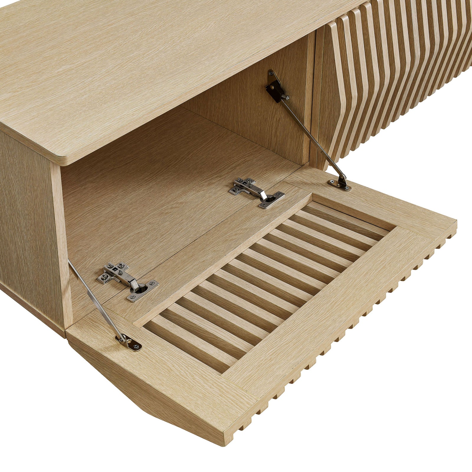 Ash TV stand compartment with drop-down door open and adjustable media storage space || EEI-7164-ASH || storage_open_studio