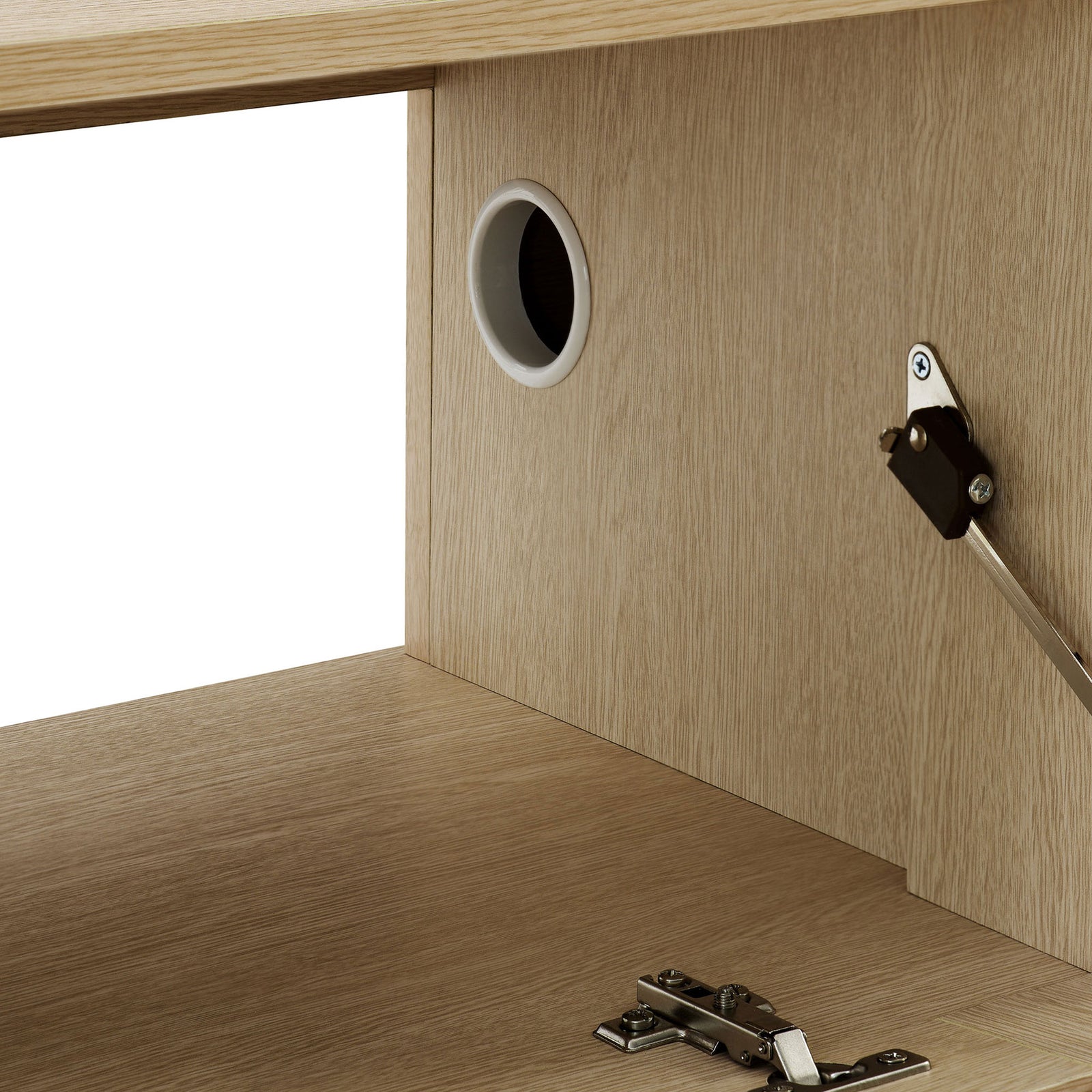 Ash TV cabinet interior showing cable management grommet and clean laminate finish || EEI-7164-ASH || storage_open_studio