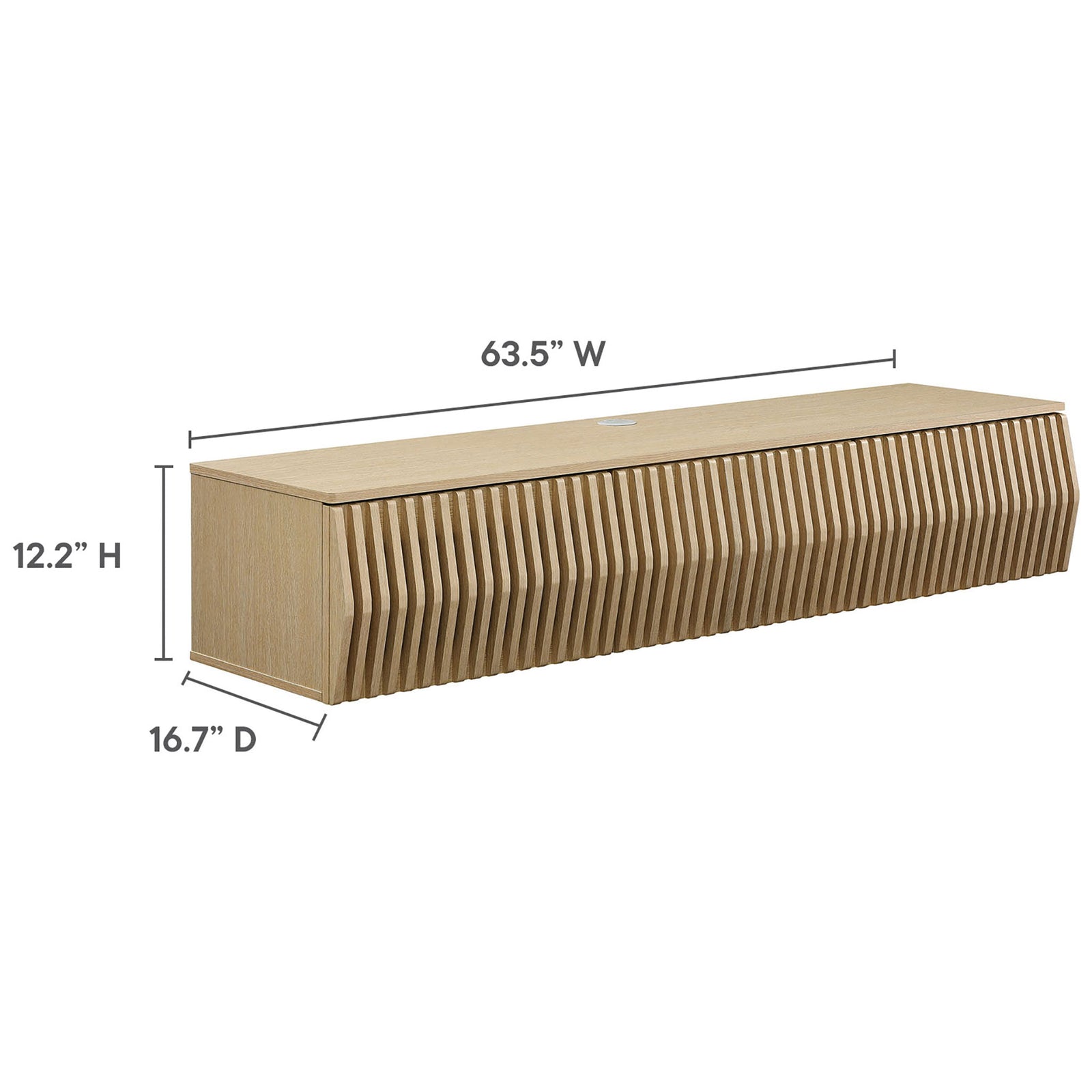 Dimension diagram of ash wall mount TV stand with labeled width, height, and depth || EEI-7164-ASH || dimension_studio