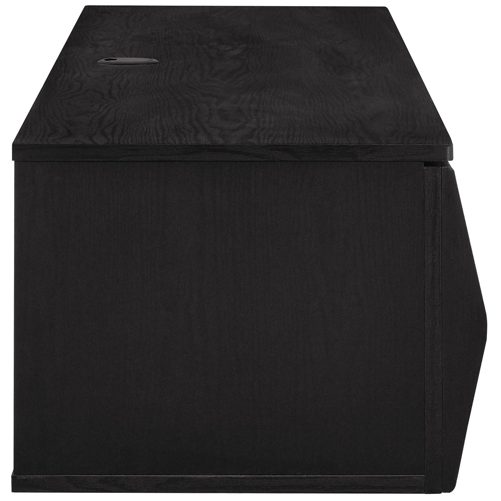 Black media console with rich wood grain top and substantial profile for storage || EEI-7164-BLK || side_studio