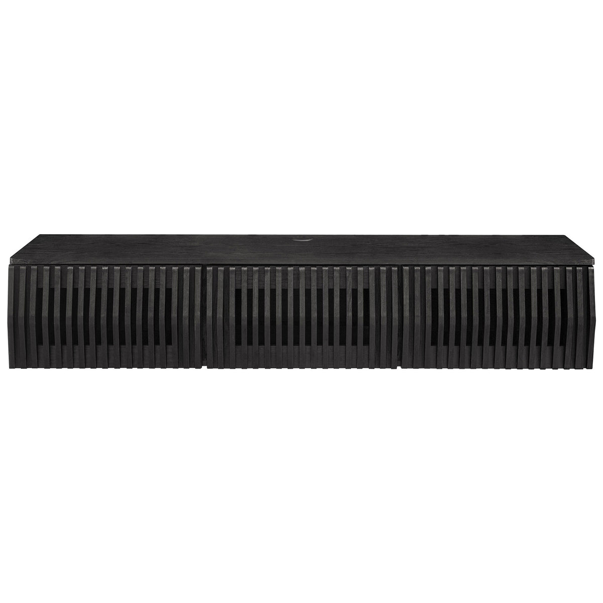 Black wall mounted TV stand with bold vertical slatted doors and streamlined silhouette || EEI-7164-BLK || front_studio