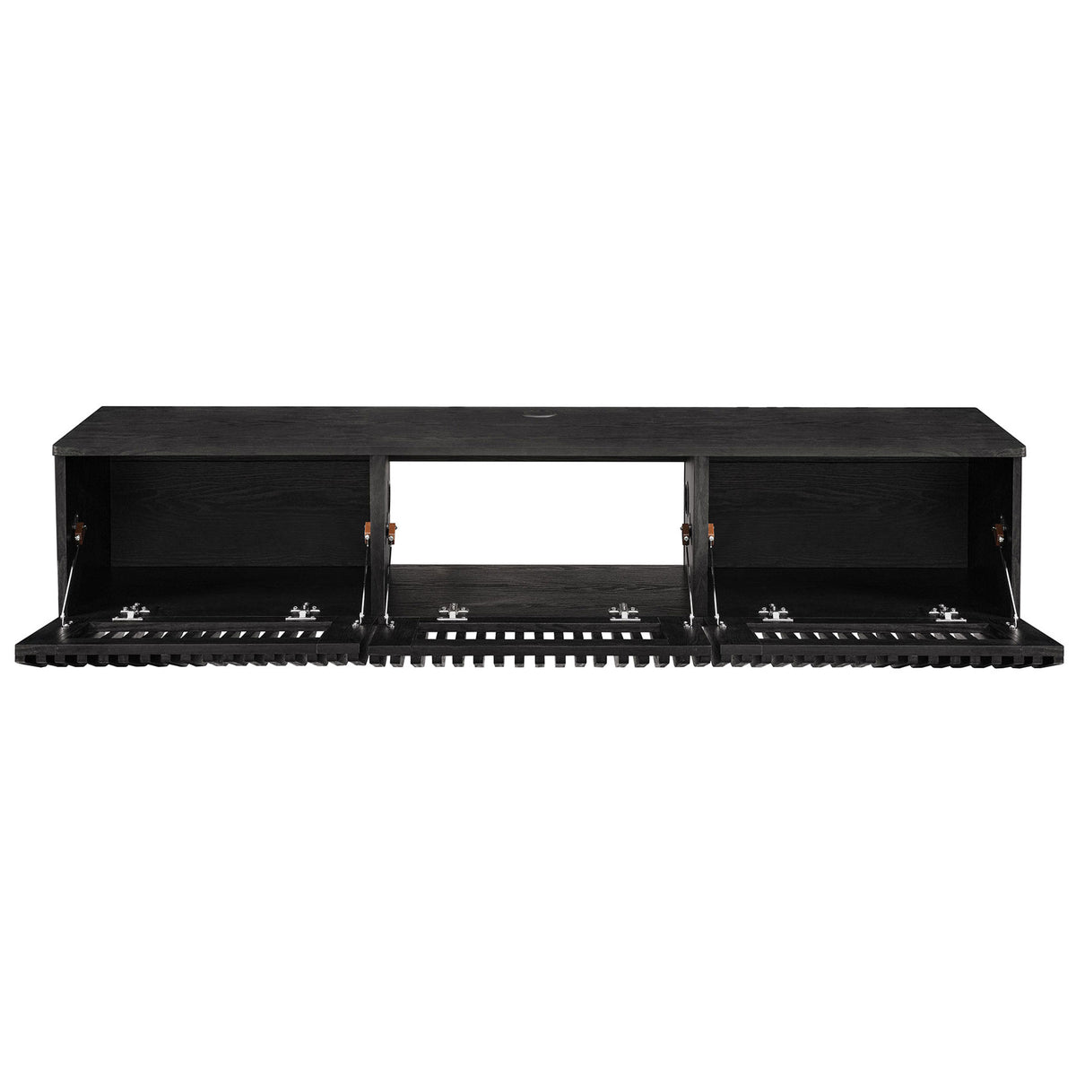Black floating TV console with three drop-down doors open to reveal organized storage || EEI-7164-BLK || front_open_studio