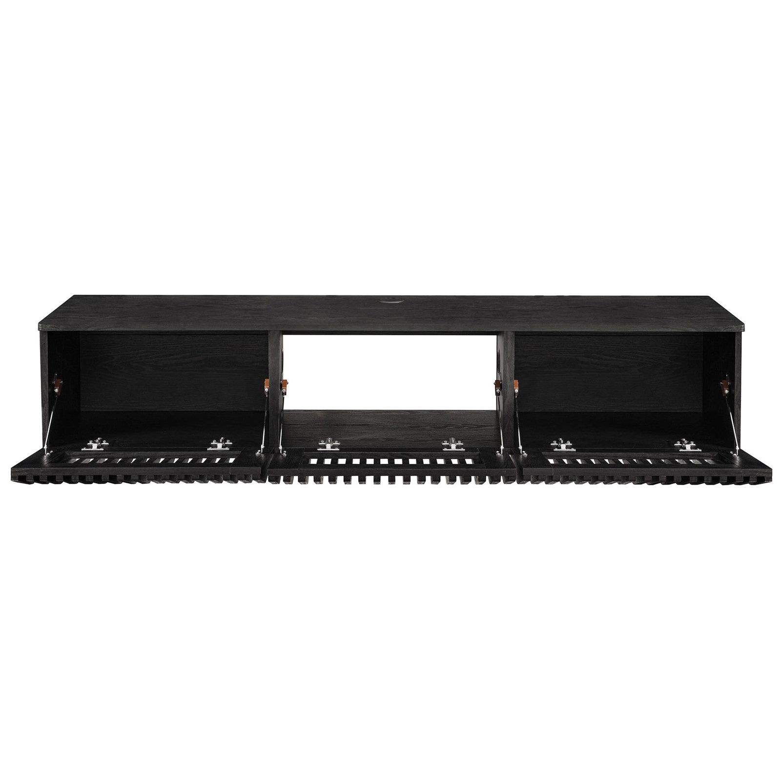 Black floating TV console with three drop-down doors open to reveal organized storage || EEI-7164-BLK || front_open_studio