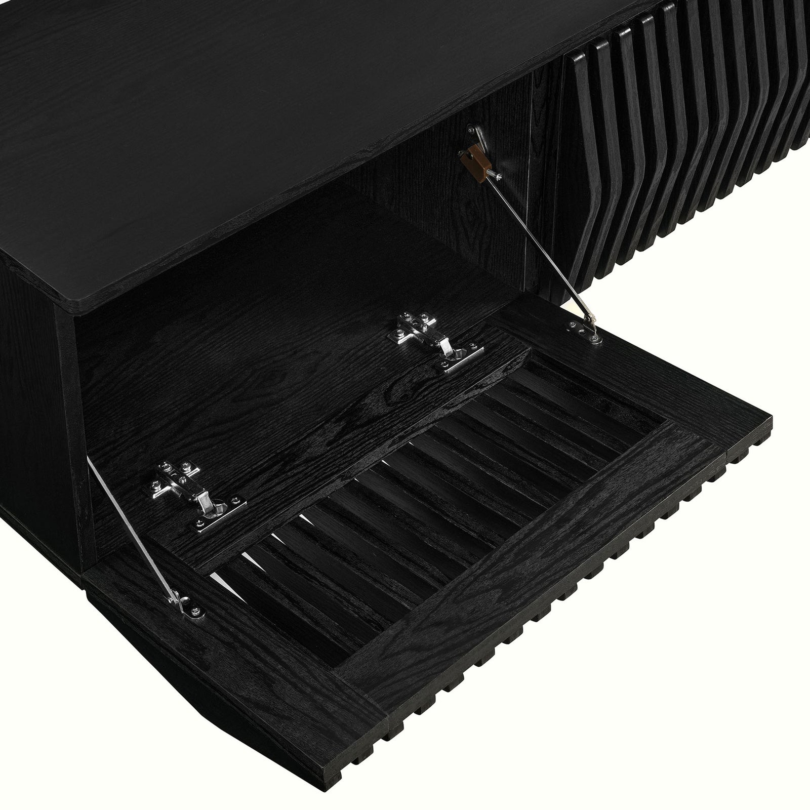 Black TV stand compartment with drop-down door open for easy-access media storage || EEI-7164-BLK || storage_open_studio