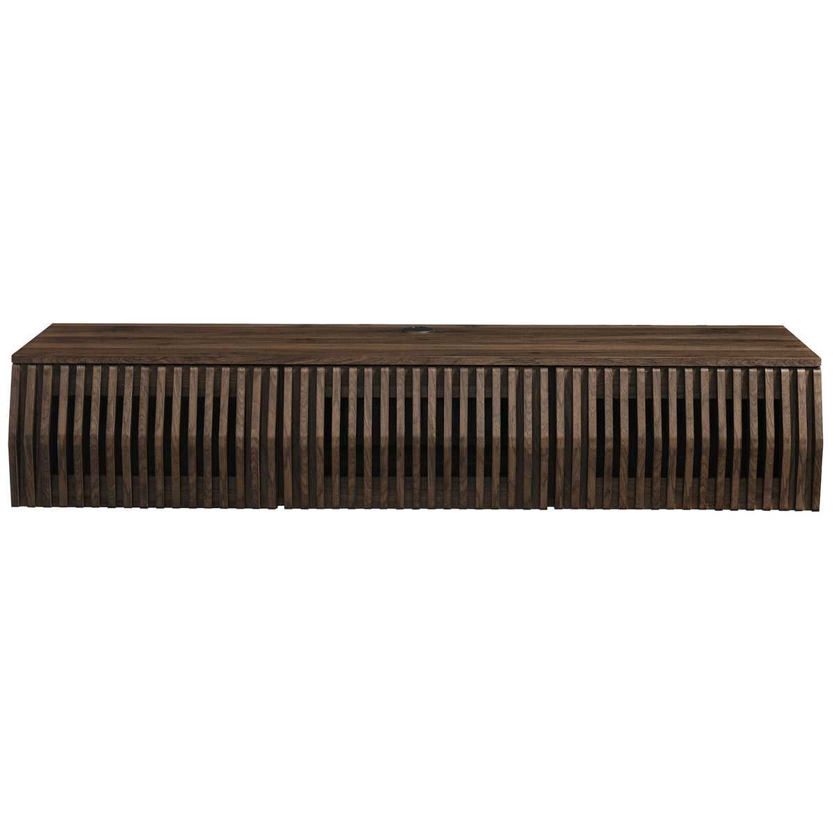 Walnut wall mounted TV stand with rich wood grain and vertical slatted doors || EEI-7164-WAL || front_studio