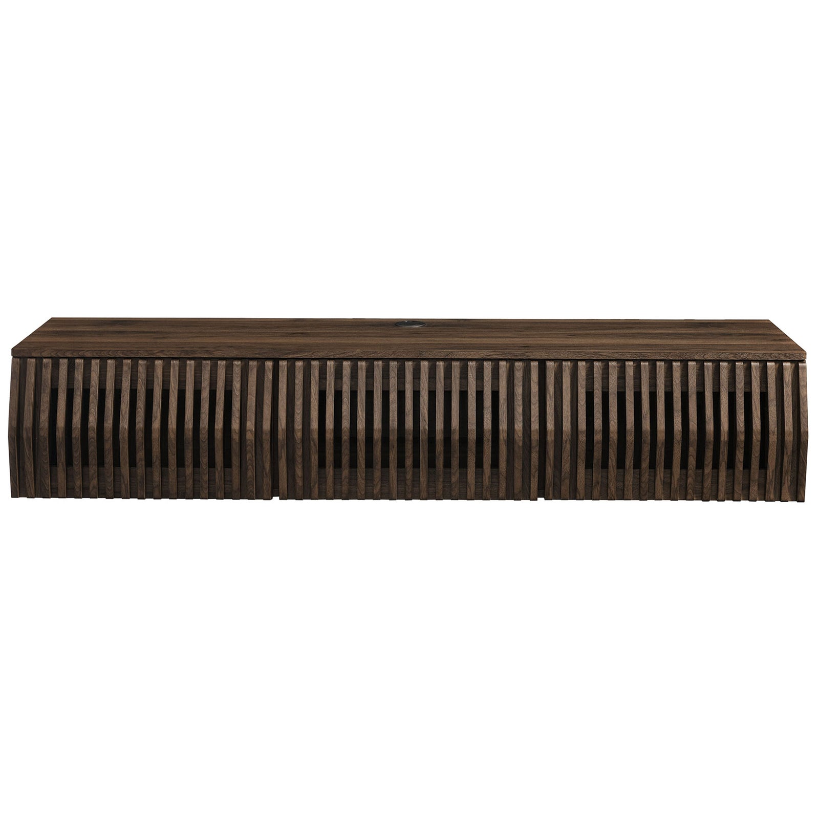 Walnut wall mounted TV stand with rich wood grain and vertical slatted doors || EEI-7164-WAL || front_studio