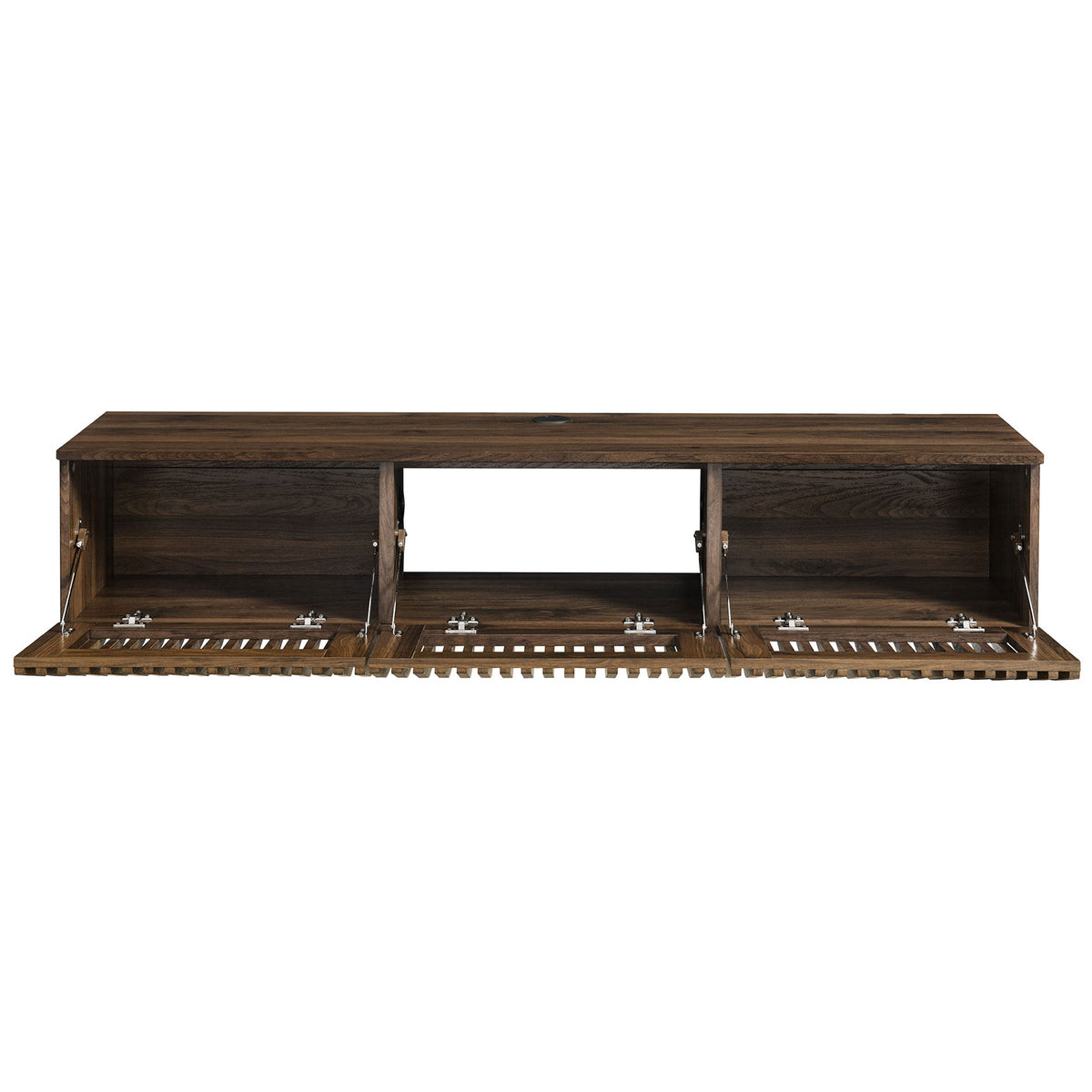 Walnut floating TV console with three drop-down doors open to reveal media storage || EEI-7164-WAL || front_open_studio