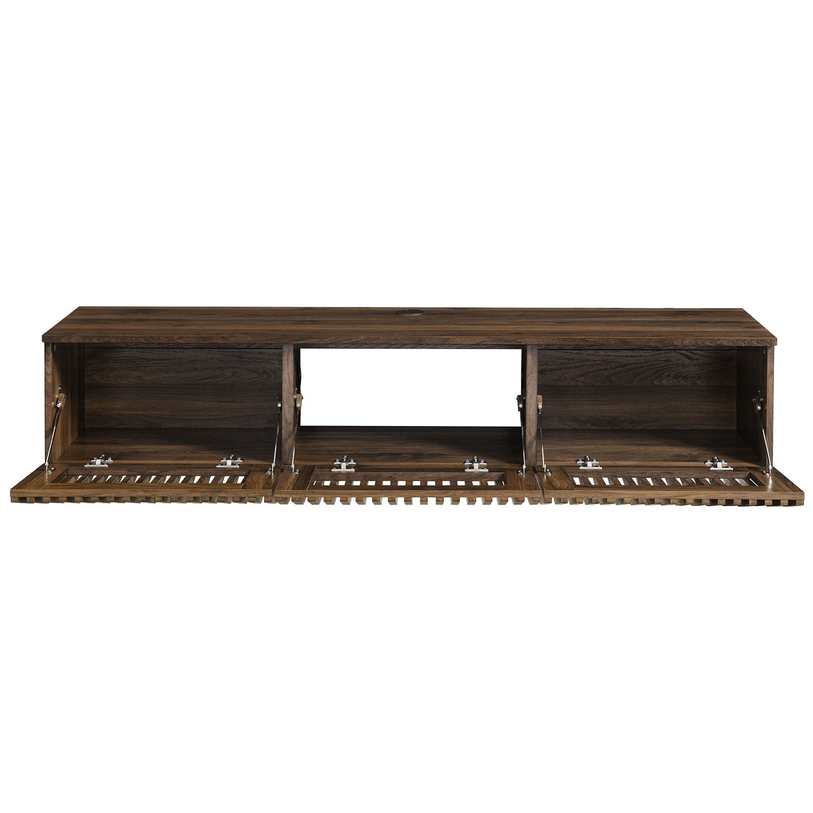 Walnut floating TV console with three drop-down doors open to reveal media storage || EEI-7164-WAL || front_open_studio